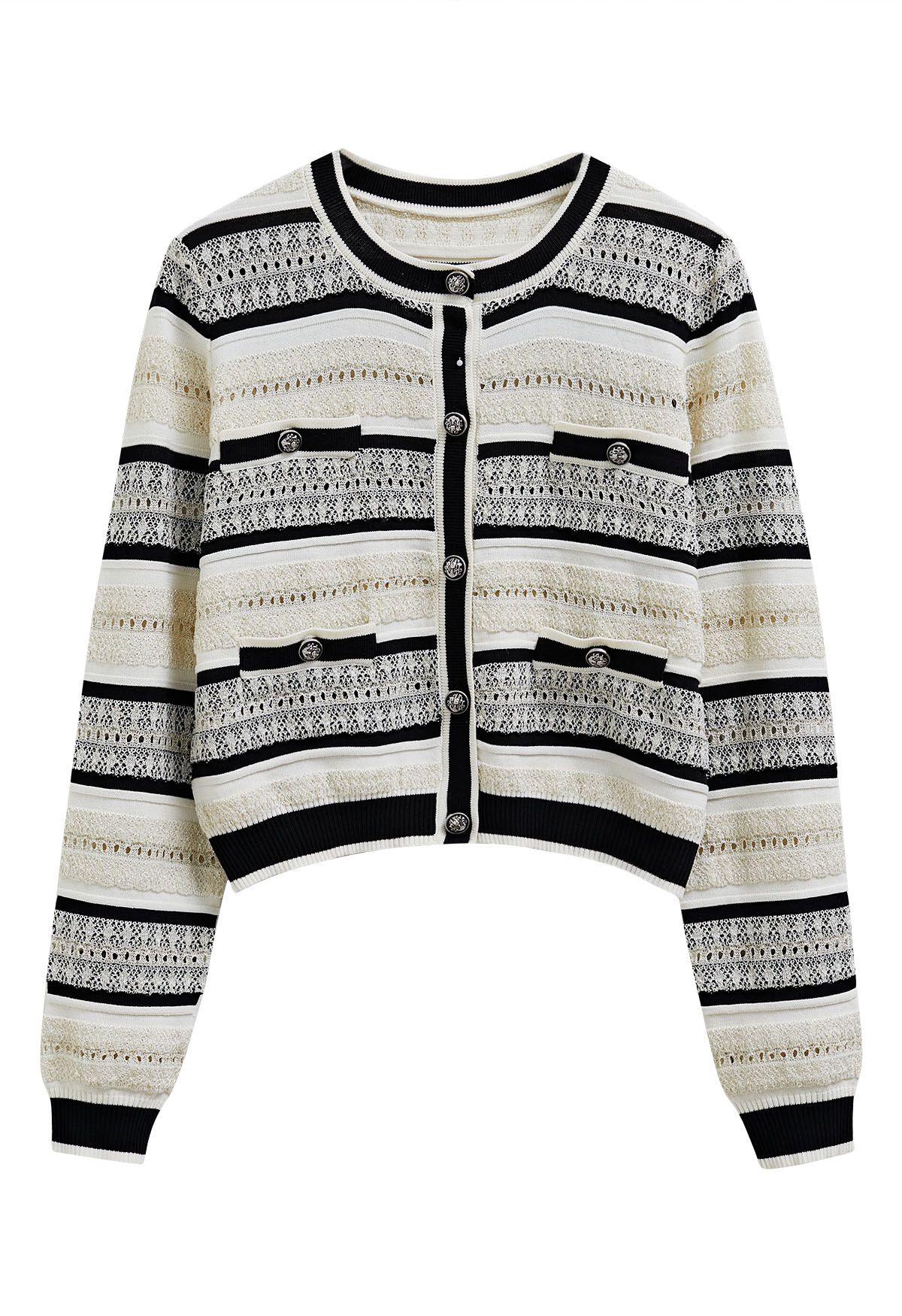 Striped Pointelle Lace Knit Button Cardigan in Black