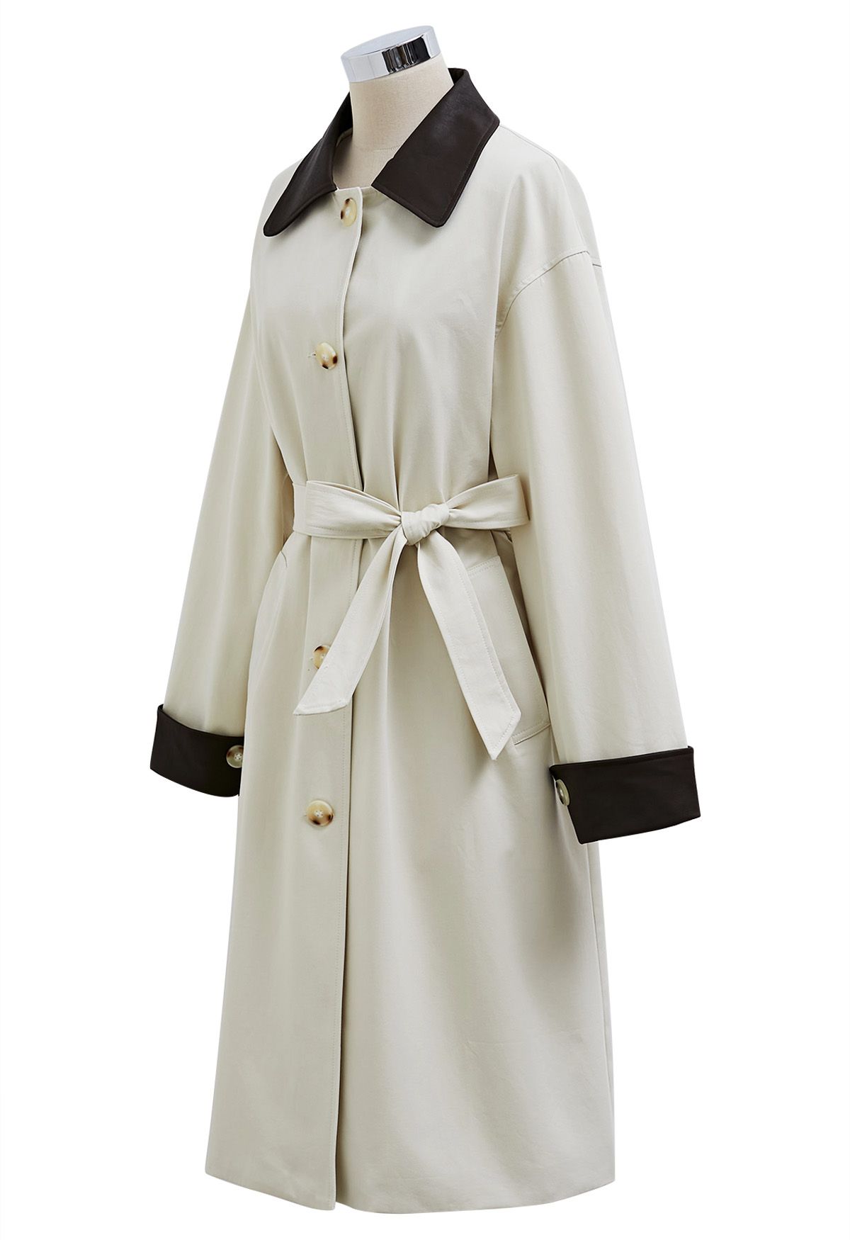 Contrast Faux Leather Trim Button Trench Coat in Ivory