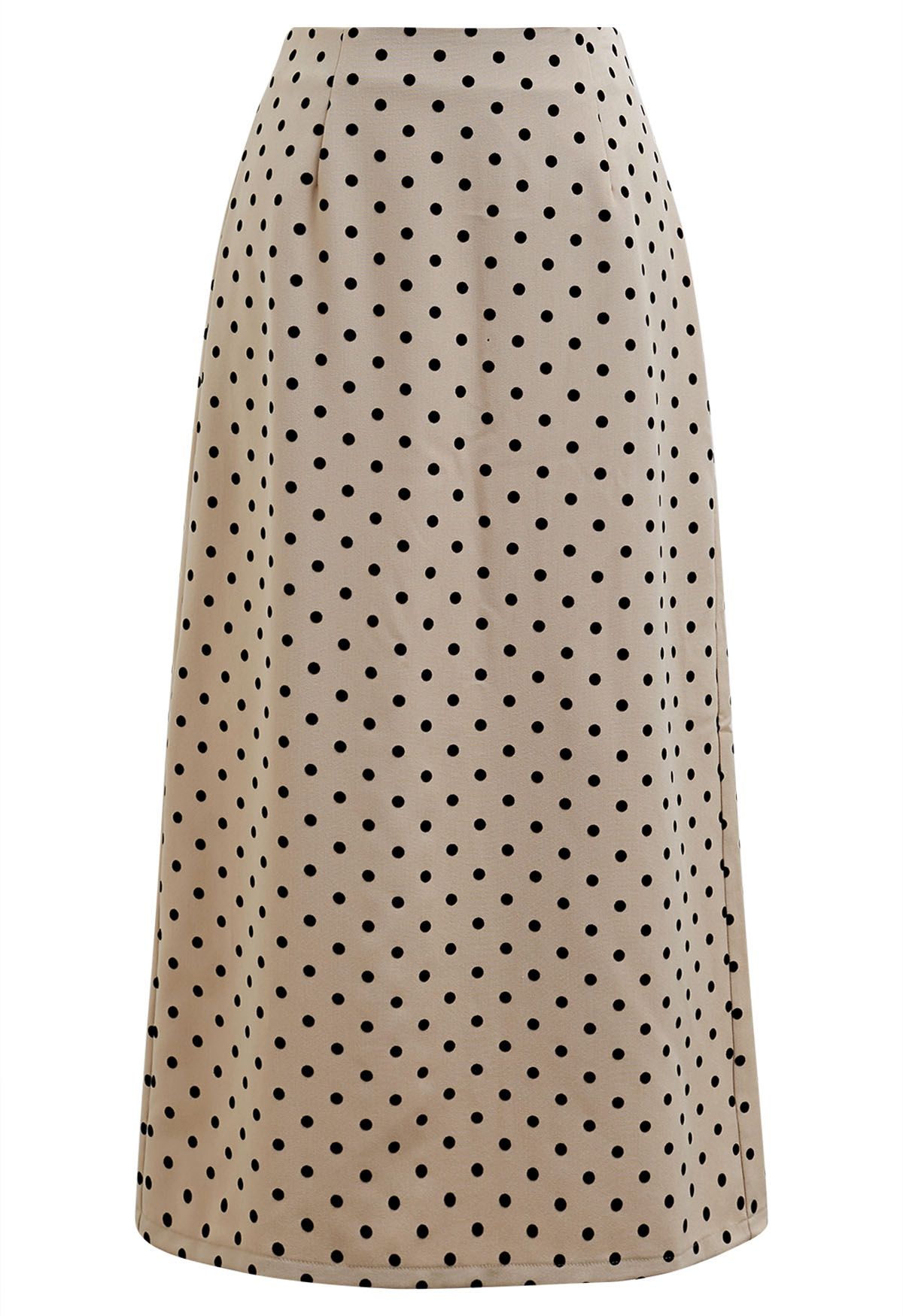 Velvet Polka Dot Back Slit Midi Skirt in Sand