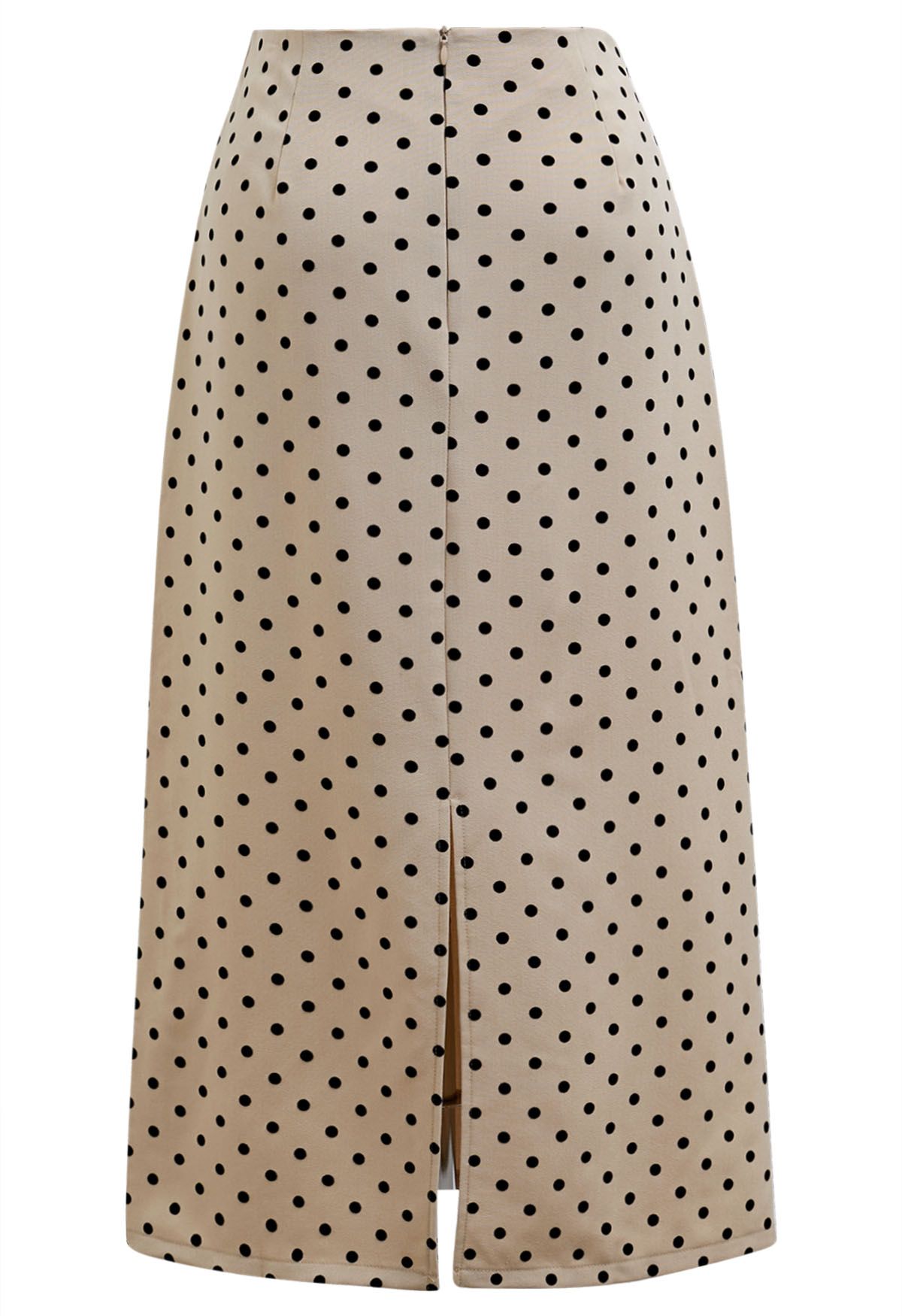 Velvet Polka Dot Back Slit Midi Skirt in Sand