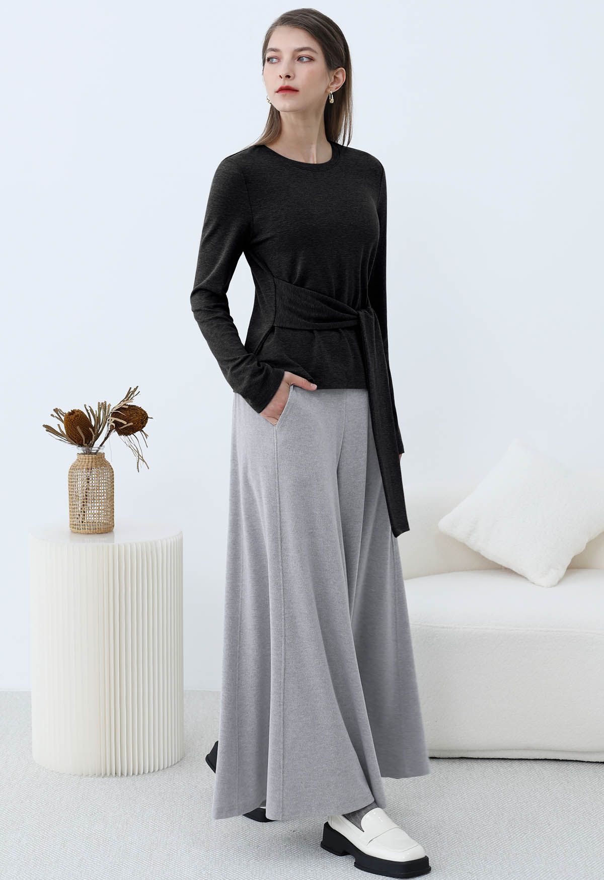 Embrace Softness Tie-Waist Cotton Top in Black