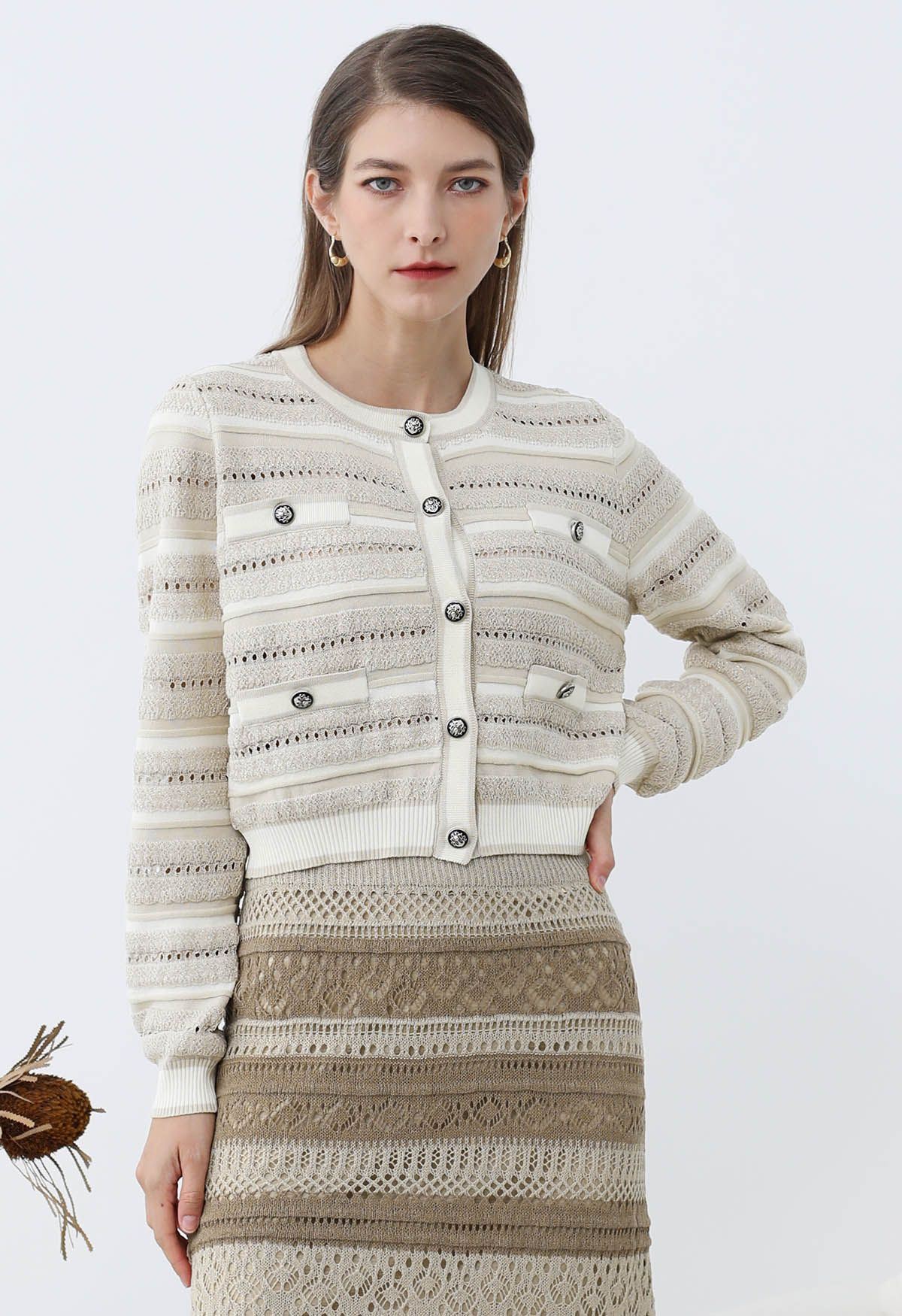 Striped Pointelle Lace Knit Button Cardigan in Oatmeal