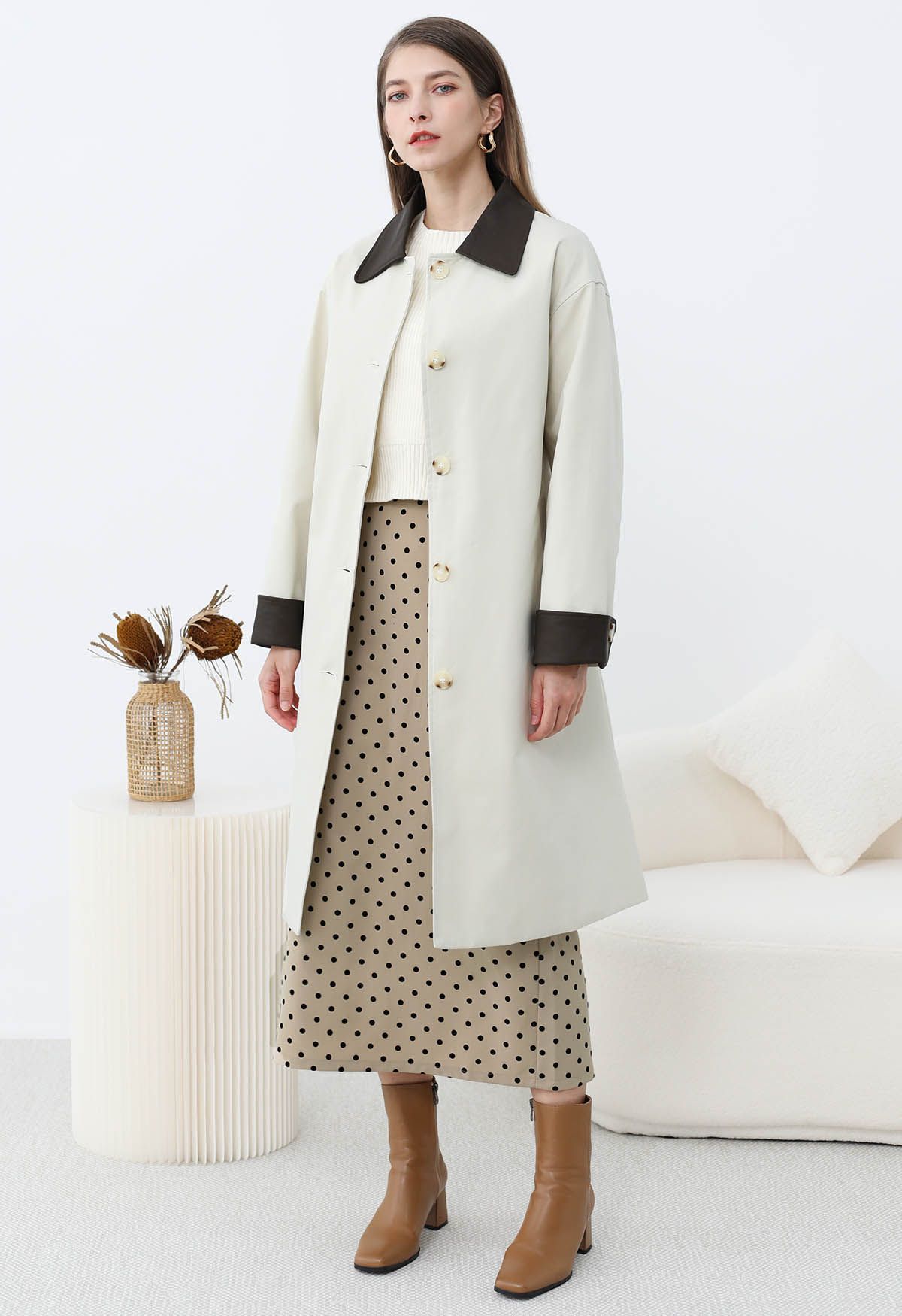 Contrast Faux Leather Trim Button Trench Coat in Ivory