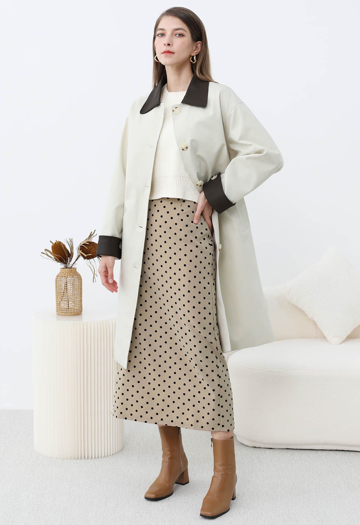 Contrast Faux Leather Trim Button Trench Coat in Ivory