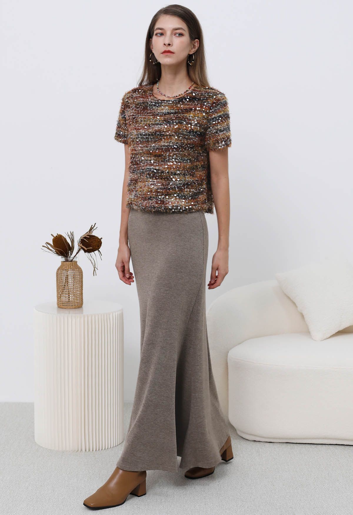 Sequin Mosaic Fuzzy Crop Top in Caramel