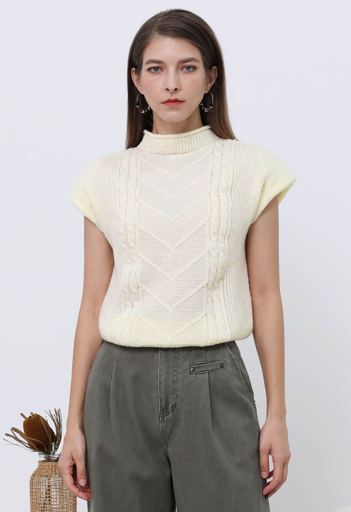 Mock Neck Padded Shoulder Cable Knit Top in Cream