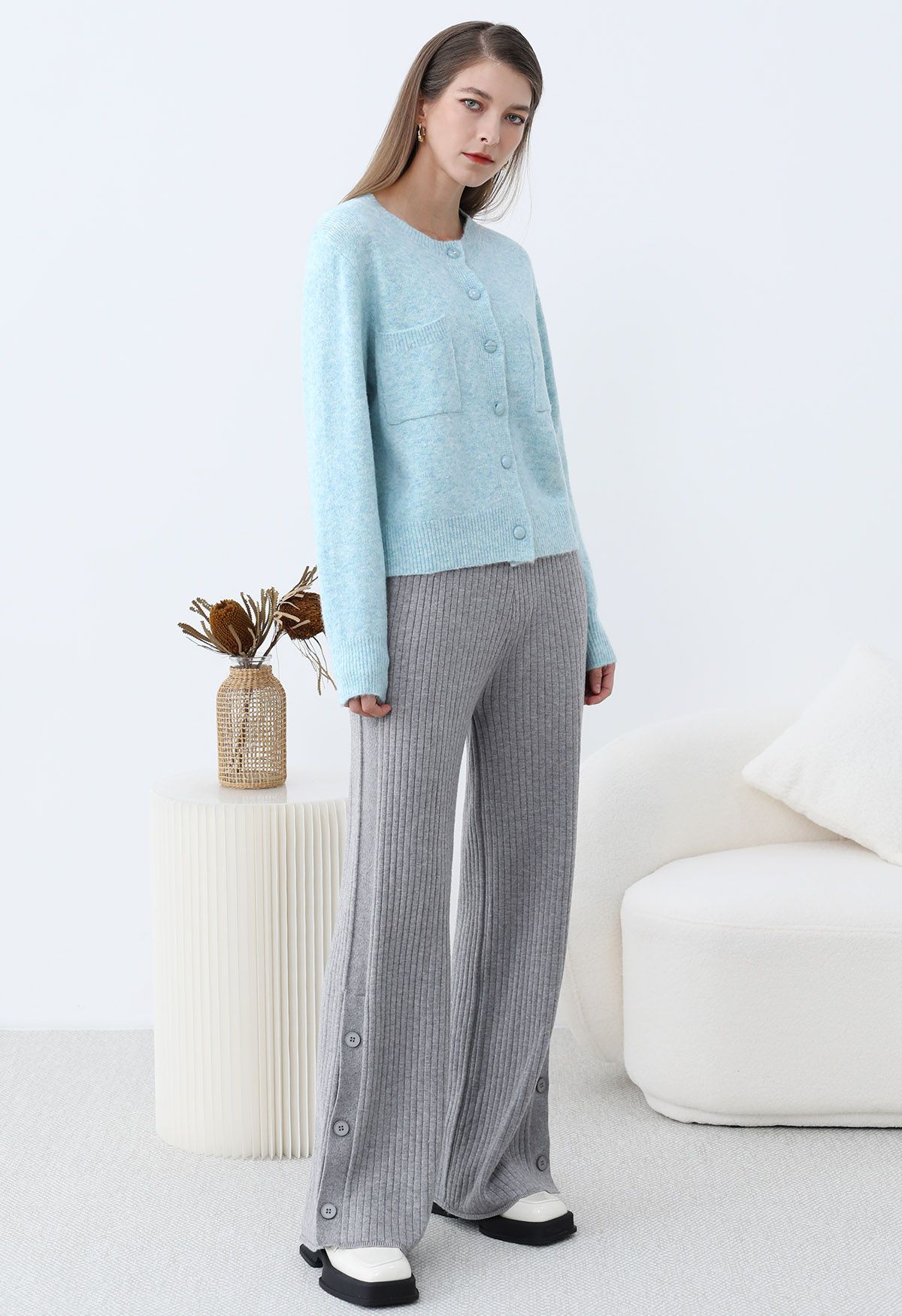 Buttoned Hem Ribbed Knit Pants in Grey