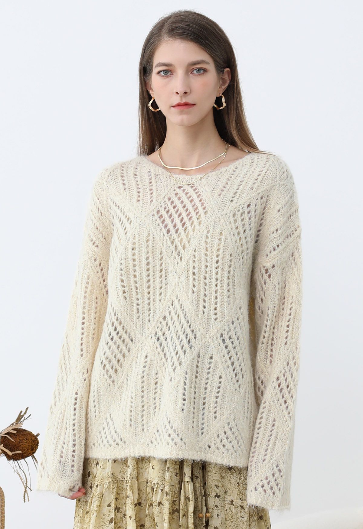 Diamond Pattern Hollow Fuzzy Knit Sweater in Cream