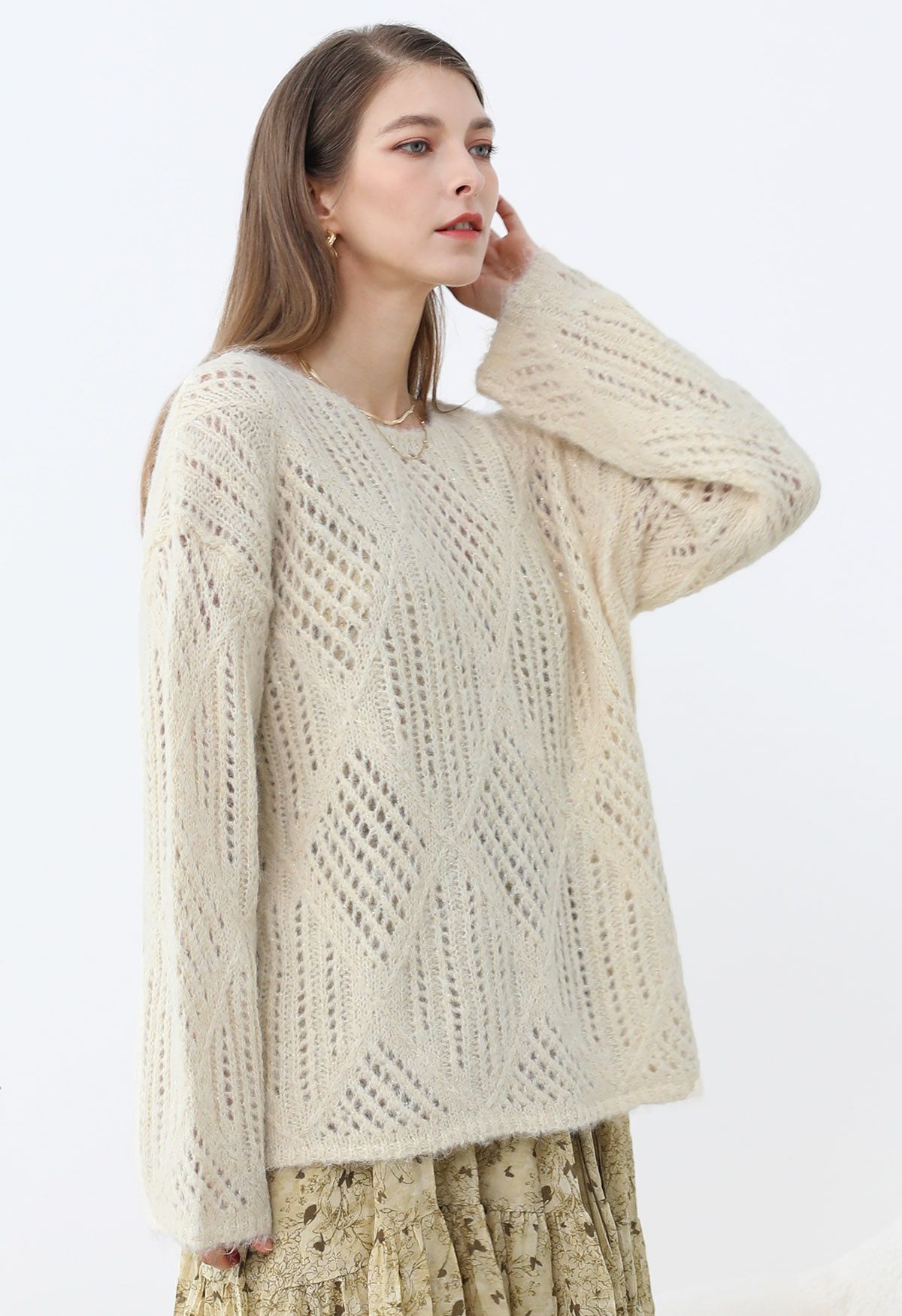 Diamond Pattern Hollow Fuzzy Knit Sweater in Cream