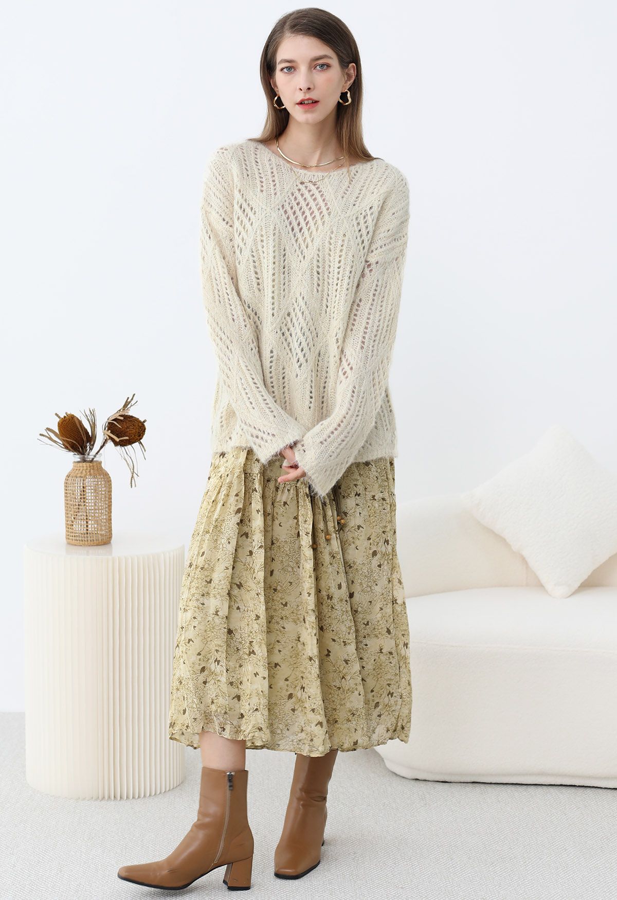 Diamond Pattern Hollow Fuzzy Knit Sweater in Cream