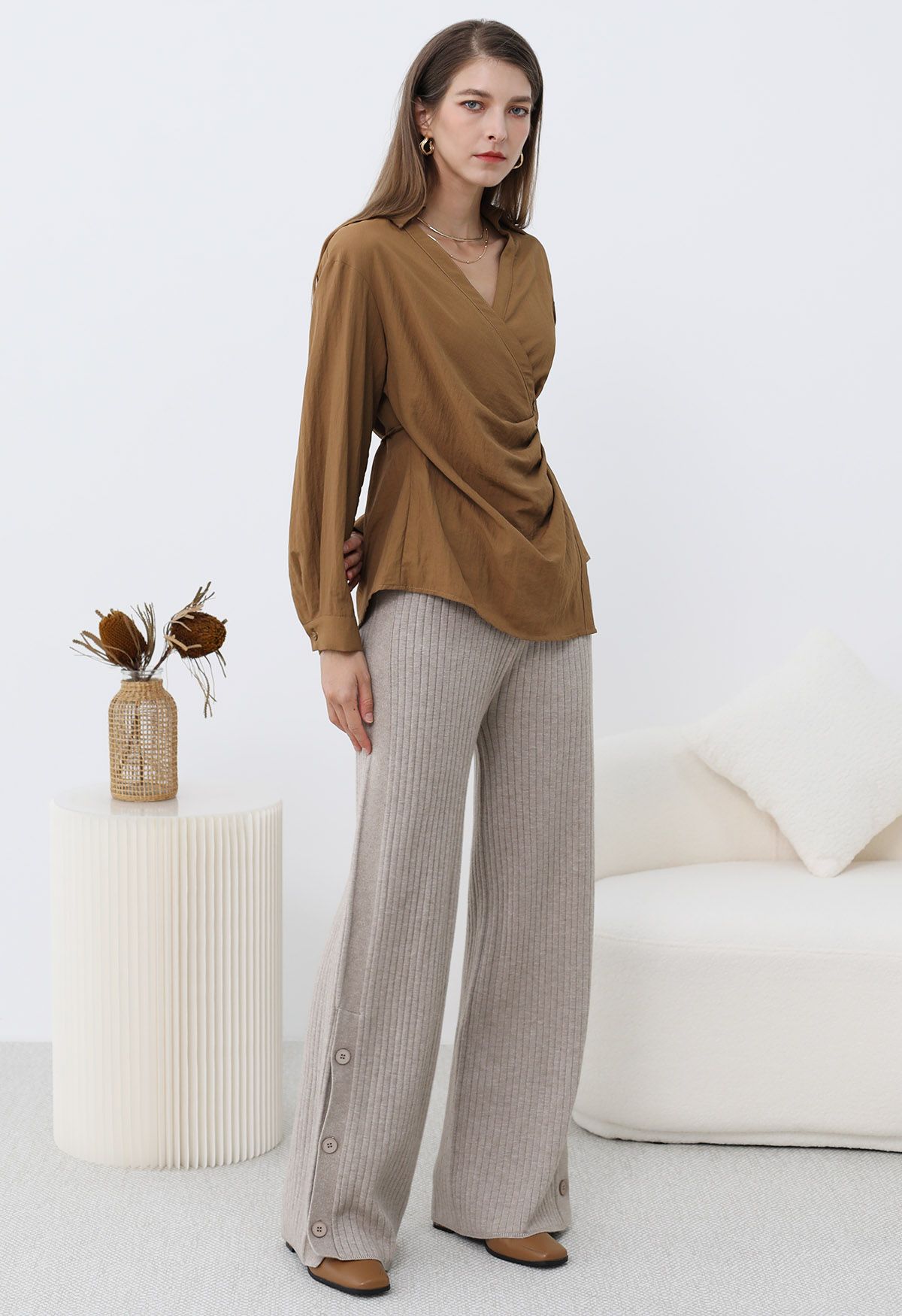 Side Pleats Collared Buttoned Wrap Shirt in Caramel