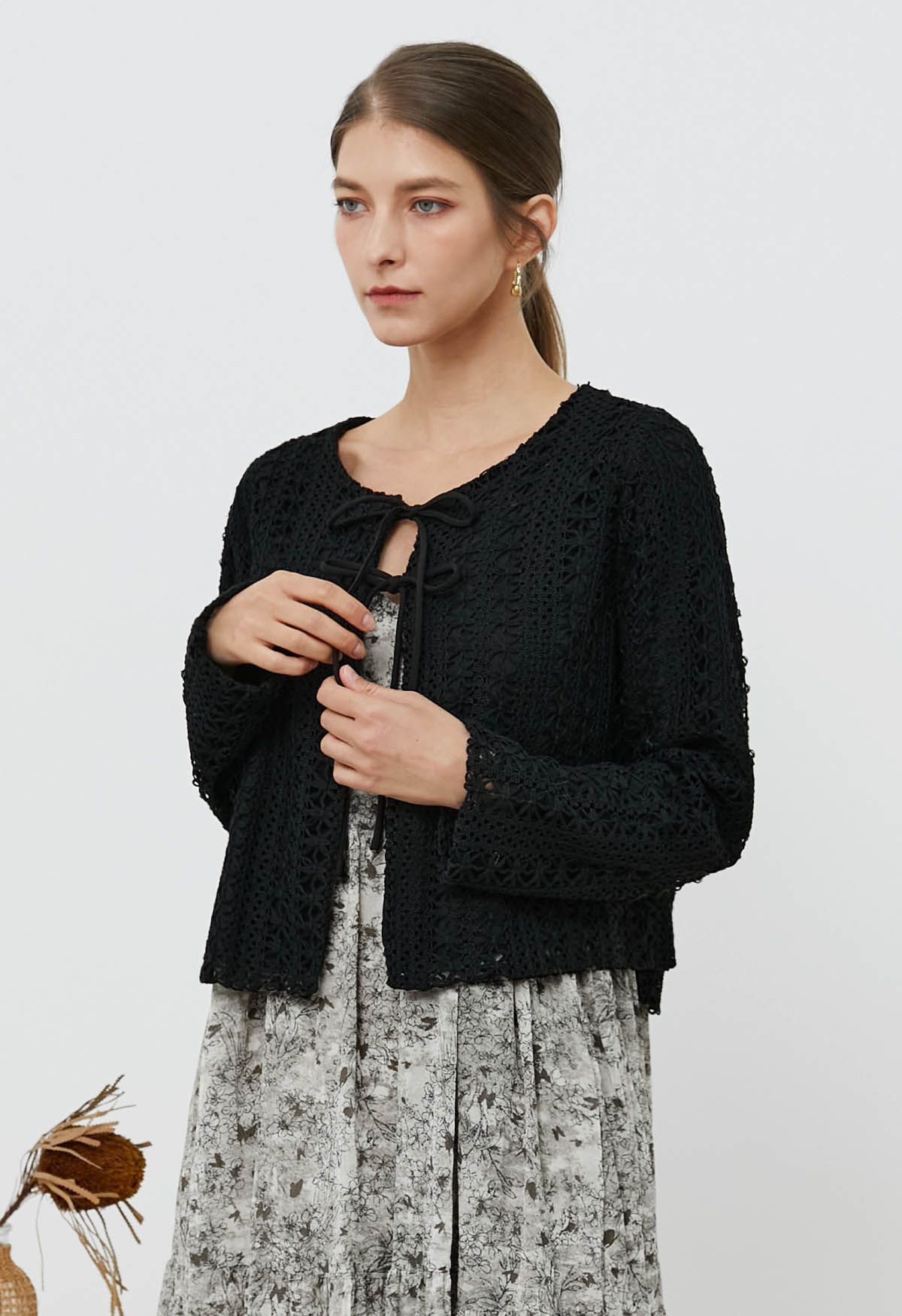 Intricate Crochet Bow Ties Jacket in Black