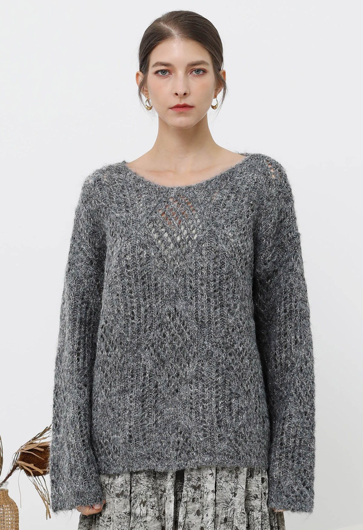 Diamond Pattern Hollow Fuzzy Knit Sweater in Smoke