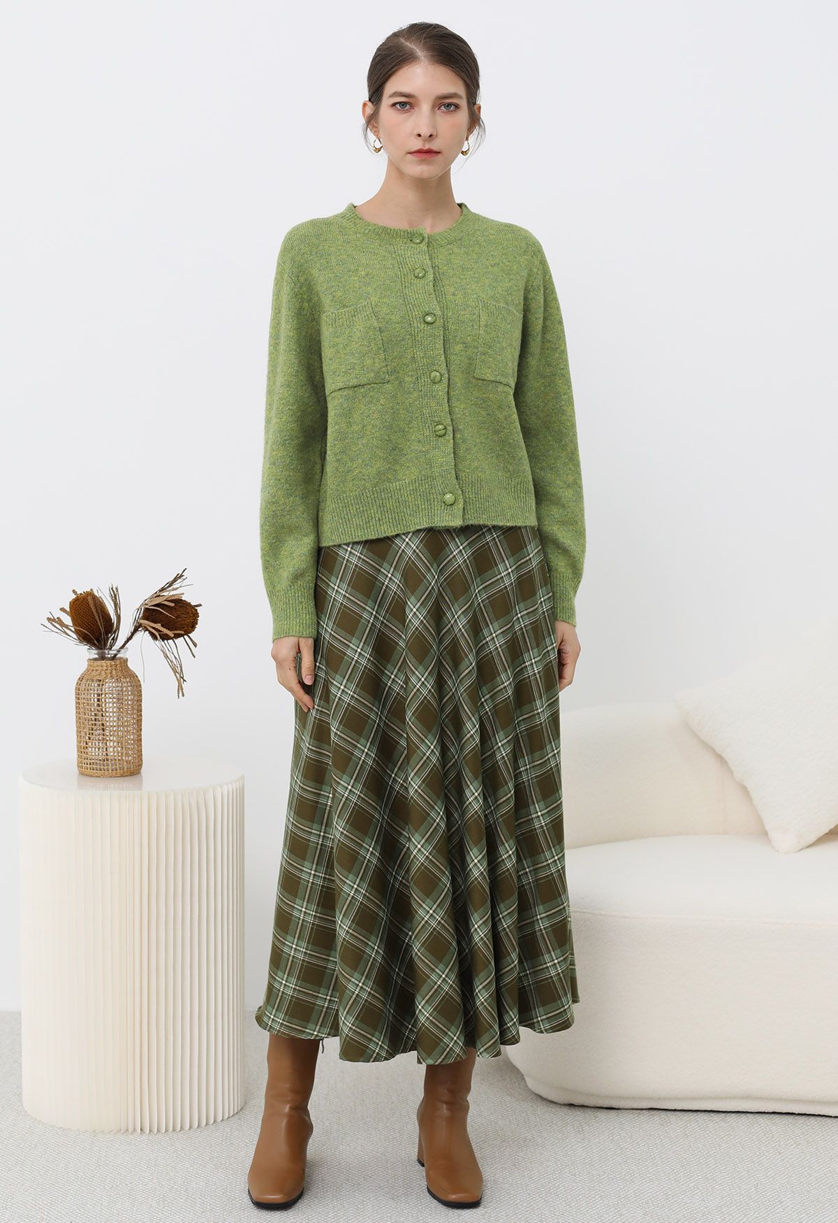 Plaid Charm Flare Midi Skirt in Army Green