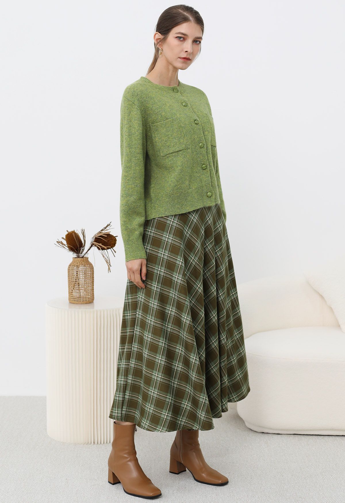 Plaid Charm Flare Midi Skirt in Army Green