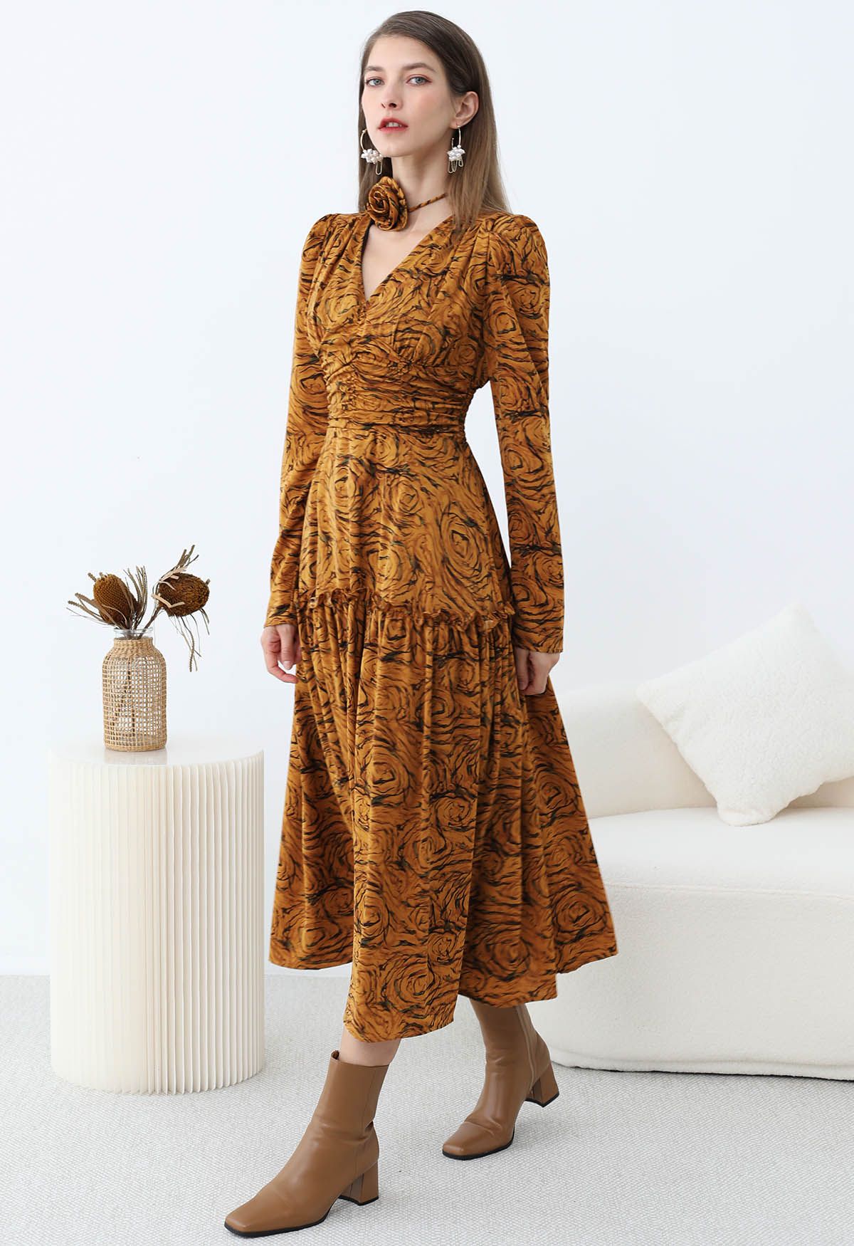 Fantastic Rose V-Neck Ruched Midi Dress with Choker in Pumpkin