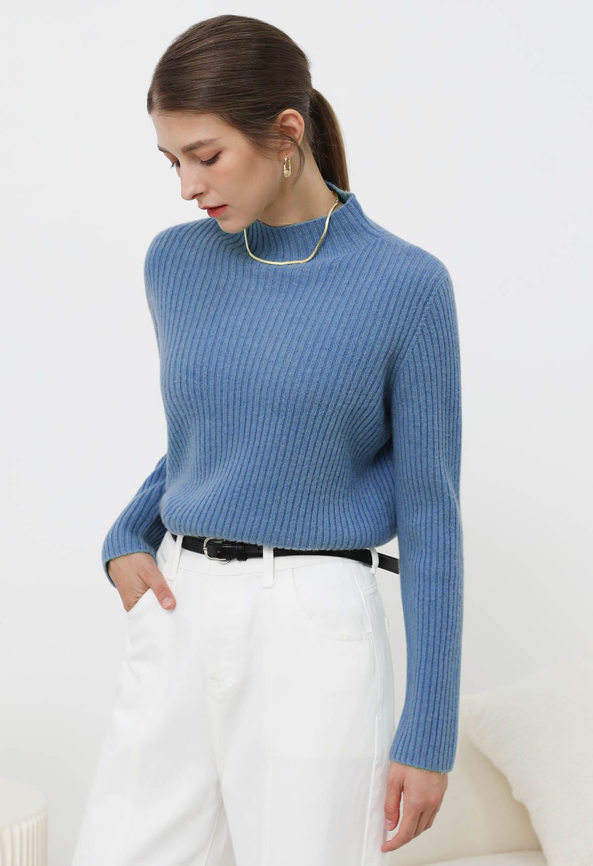 Elemental Mock Neck Long-Sleeve Wool Sweater in Blue