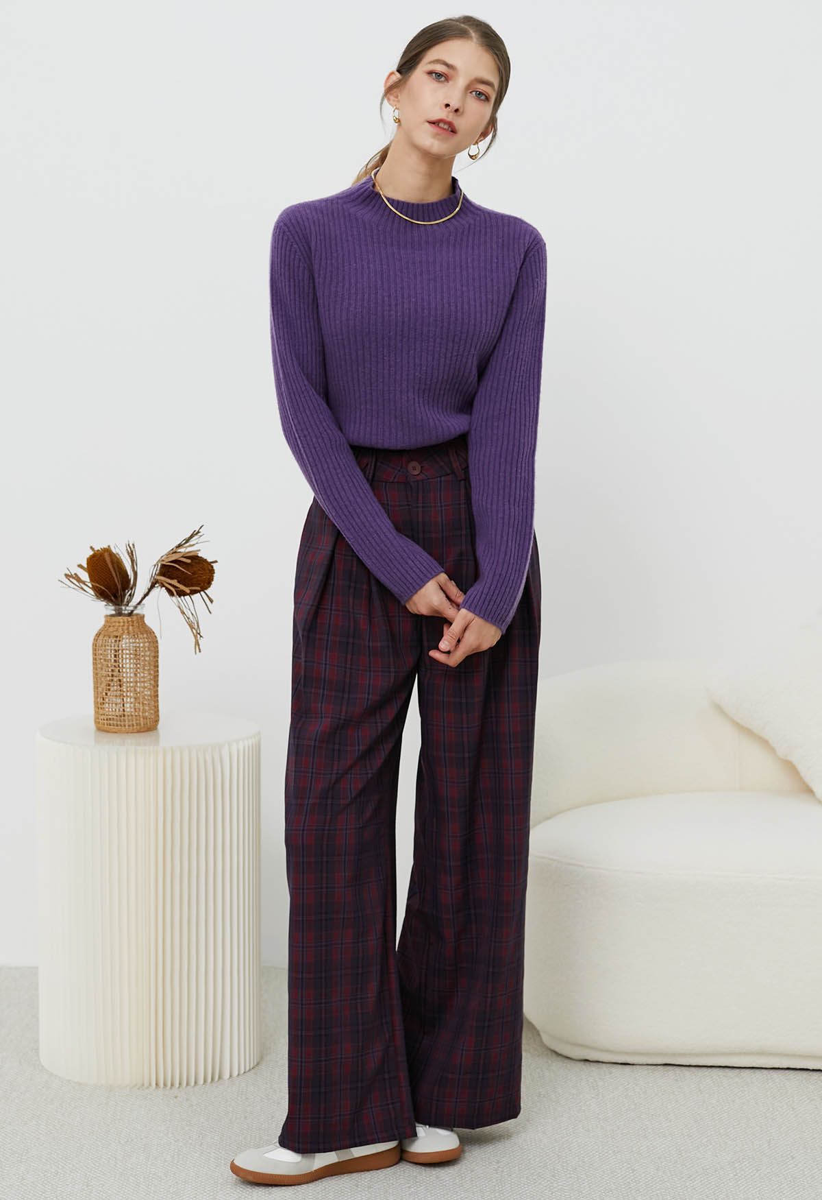 Elemental Mock Neck Long-Sleeve Wool Sweater in Purple