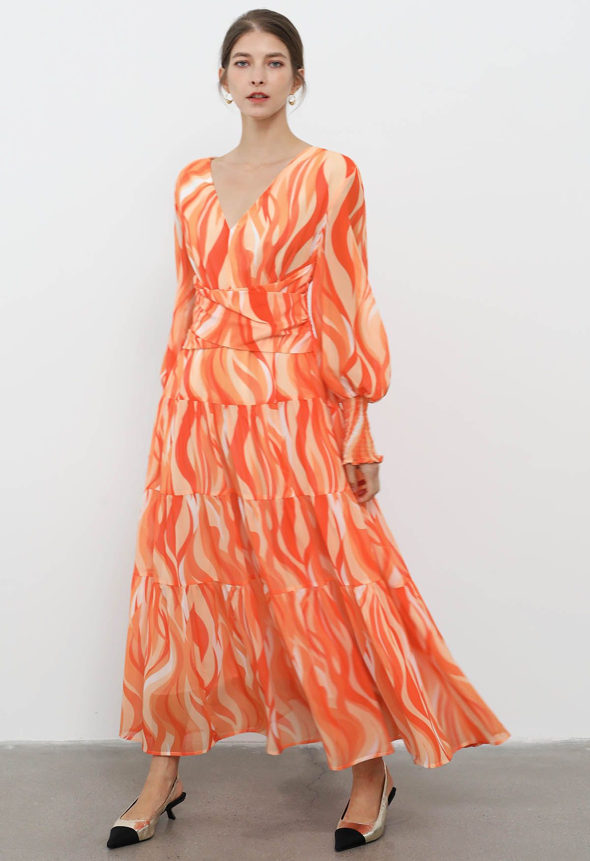 Orange Wave Crisscross Waist Chiffon Maxi Dress