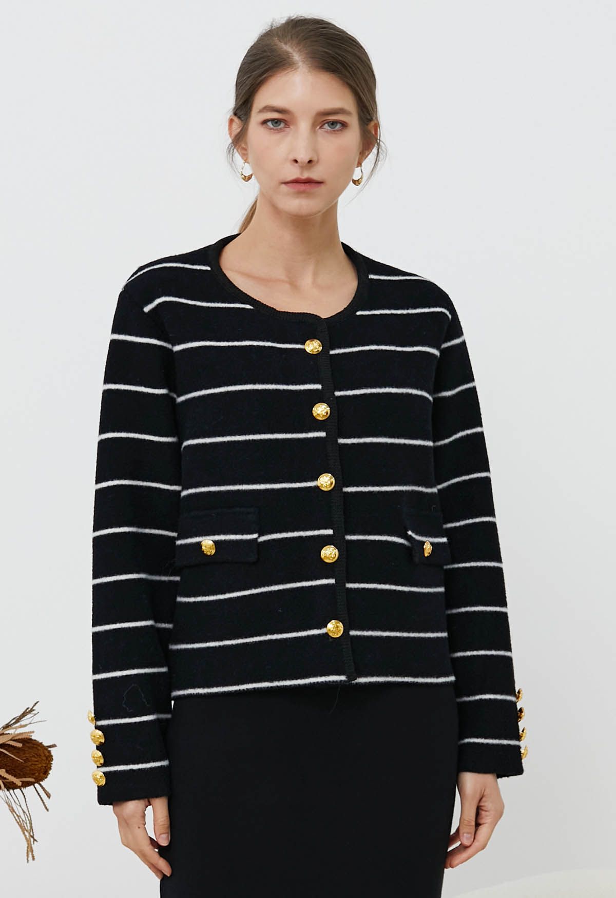 Contrast Stripes Button Down Cardigan in Black