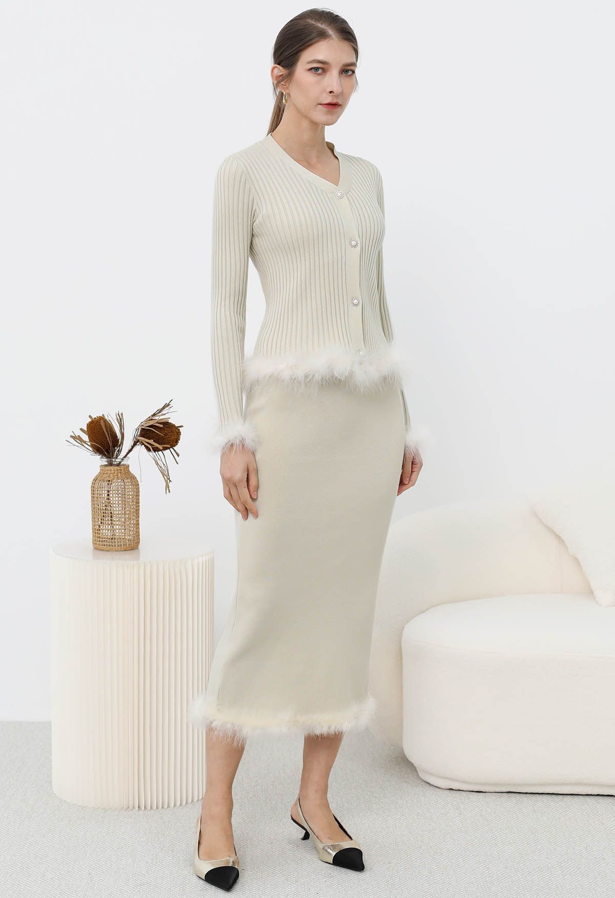 Feather Trim Button Knit Top and Midi Skirt Set in Ivory