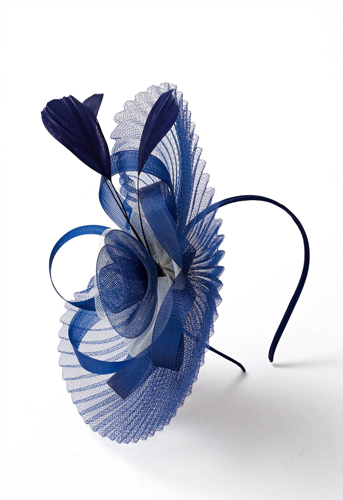 Pleated Mesh Flower Headband with Hair Clip in Navy