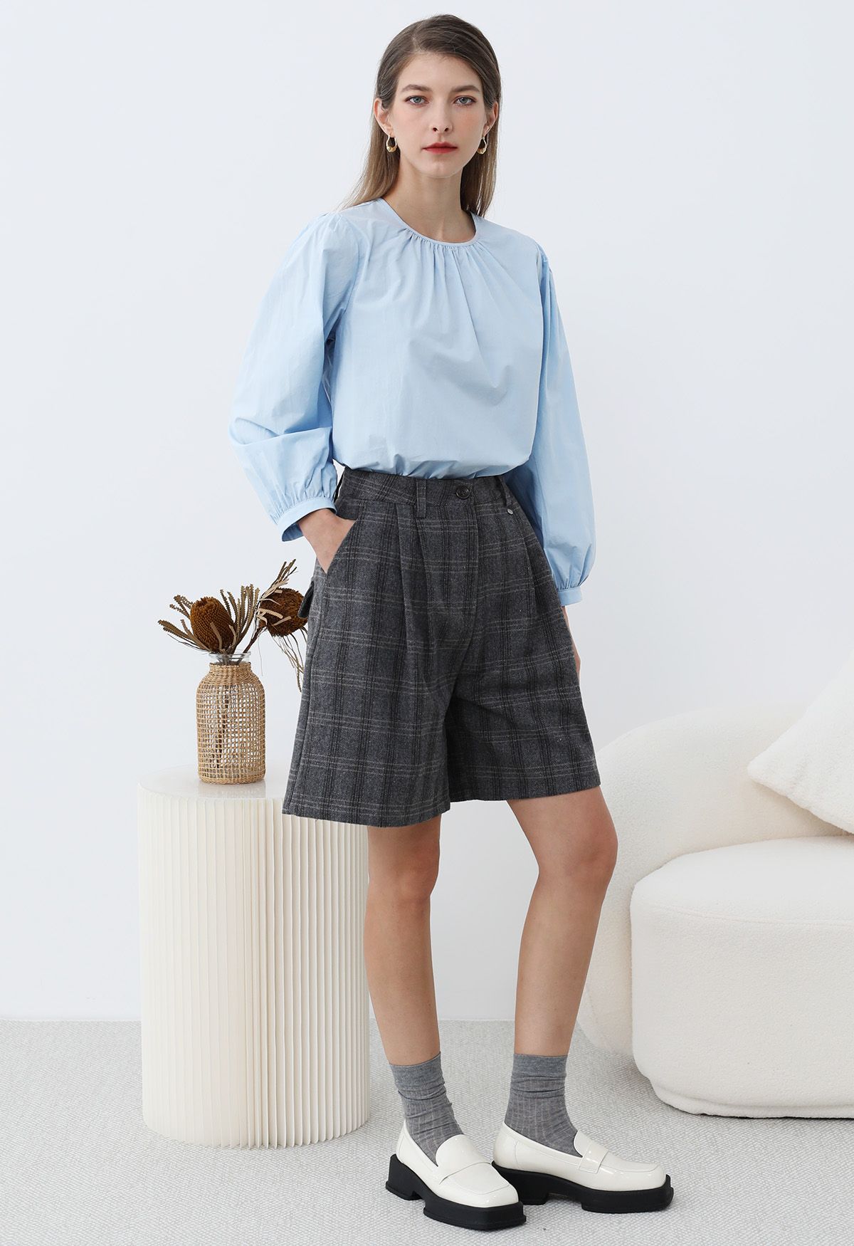 Easygoing Puff Sleeve Cotton Shirt in Sky Blue