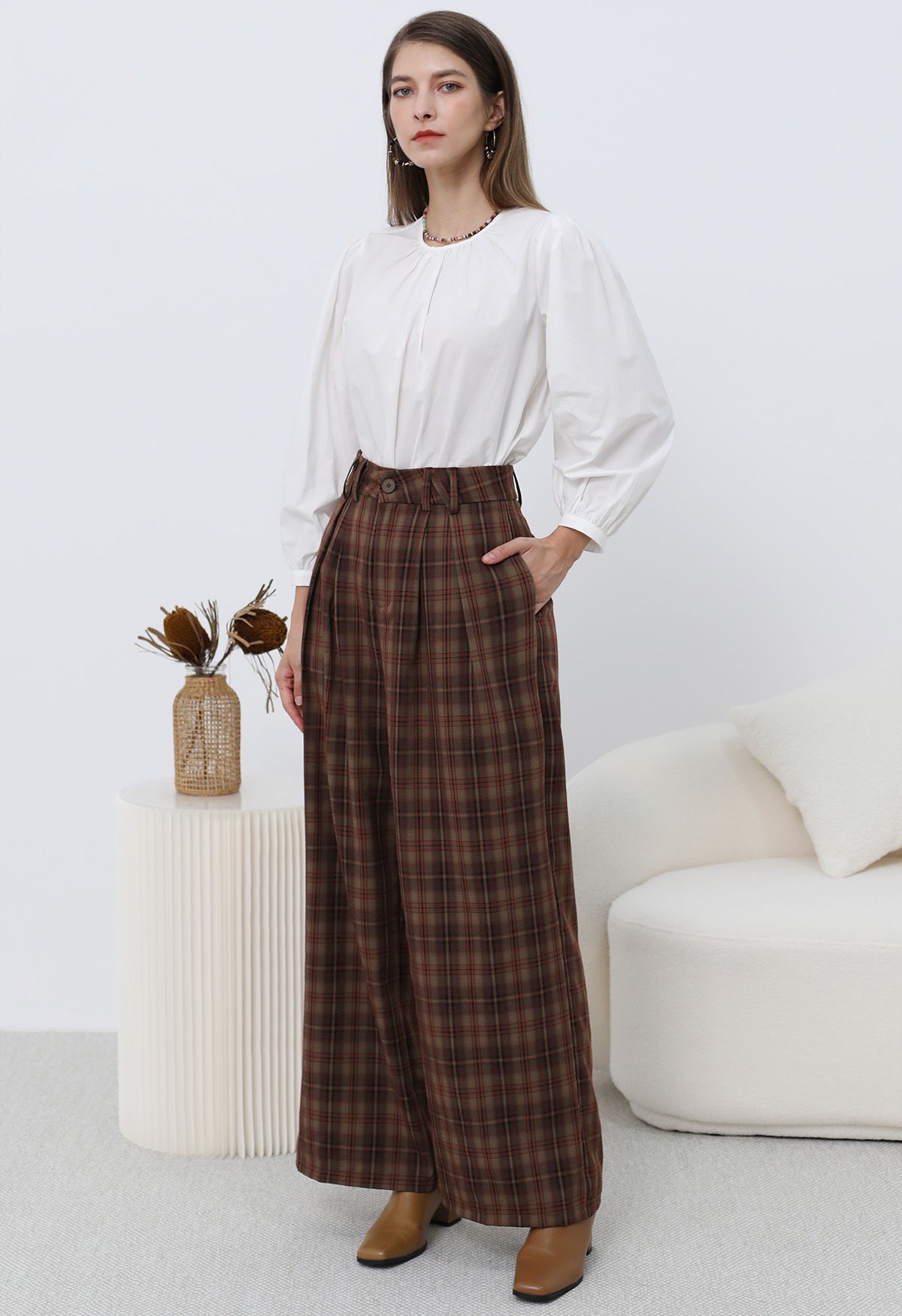 Throwback Plaid Wide-Leg Pants in Berry