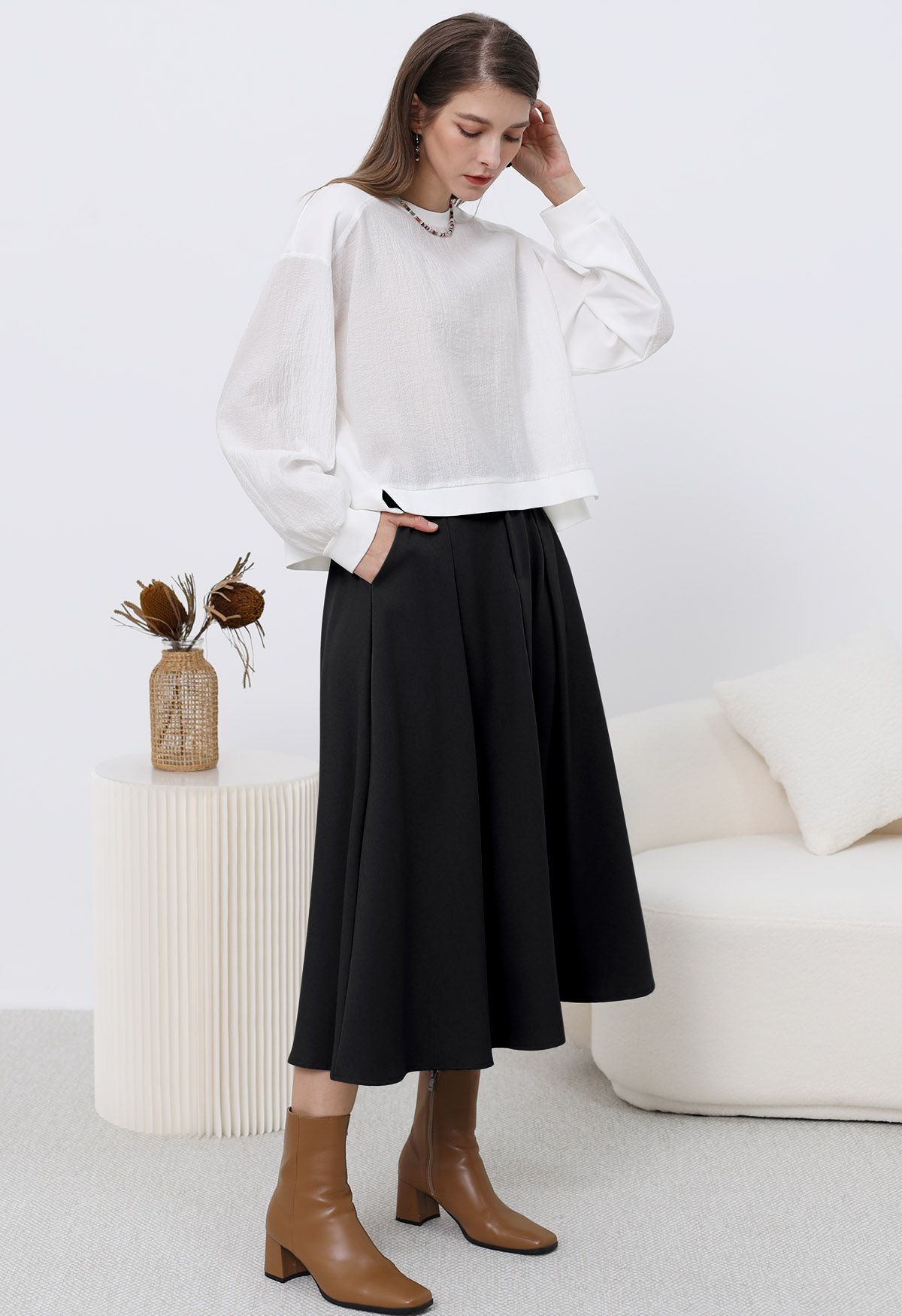 Dignified Buttons Trim A-Line Midi Skirt in Black