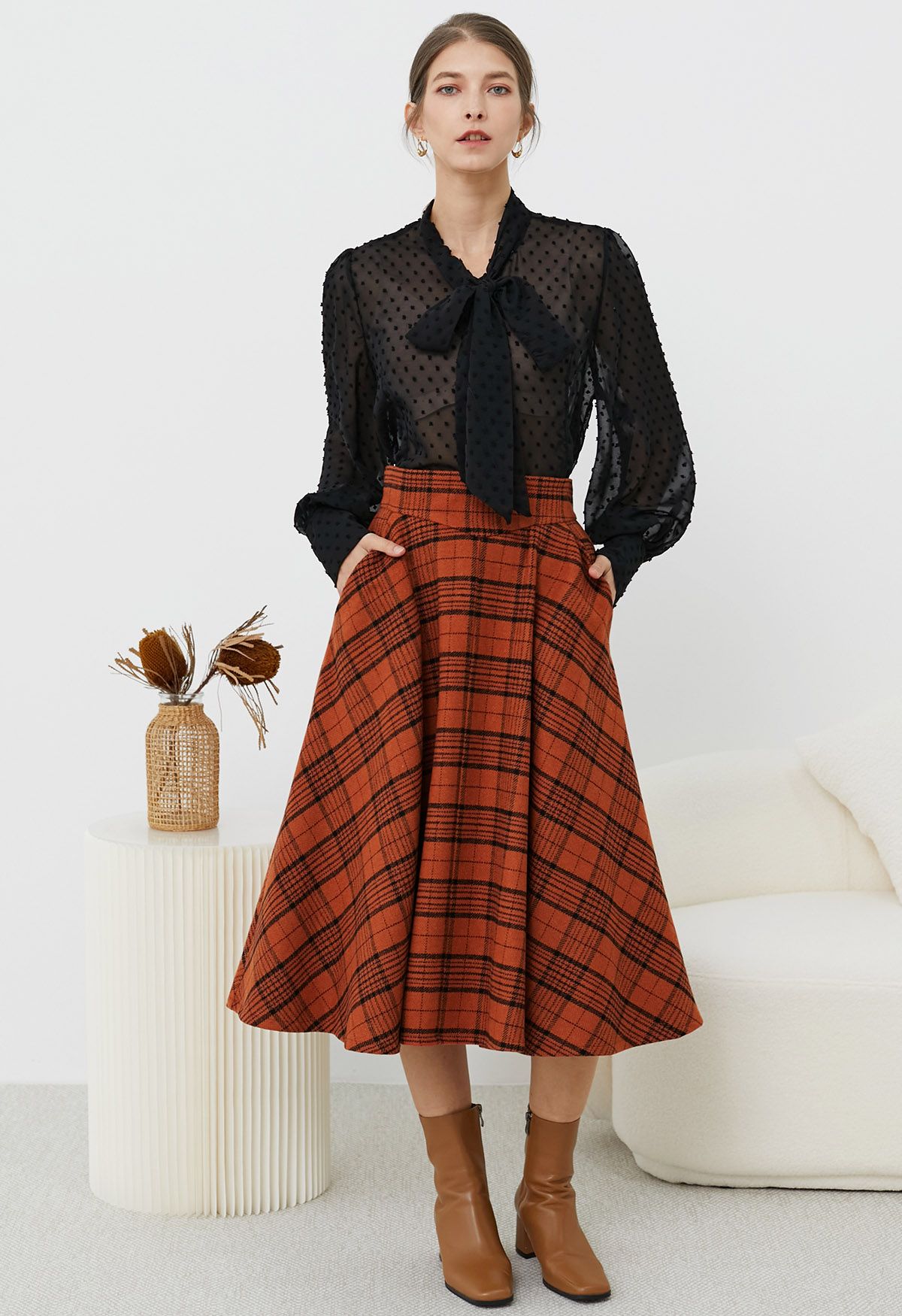 Autumnal Plaid Side Pocket Midi Skirt