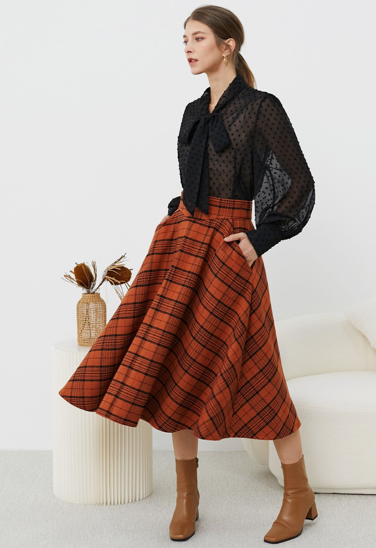 Autumnal Plaid Side Pocket Midi Skirt