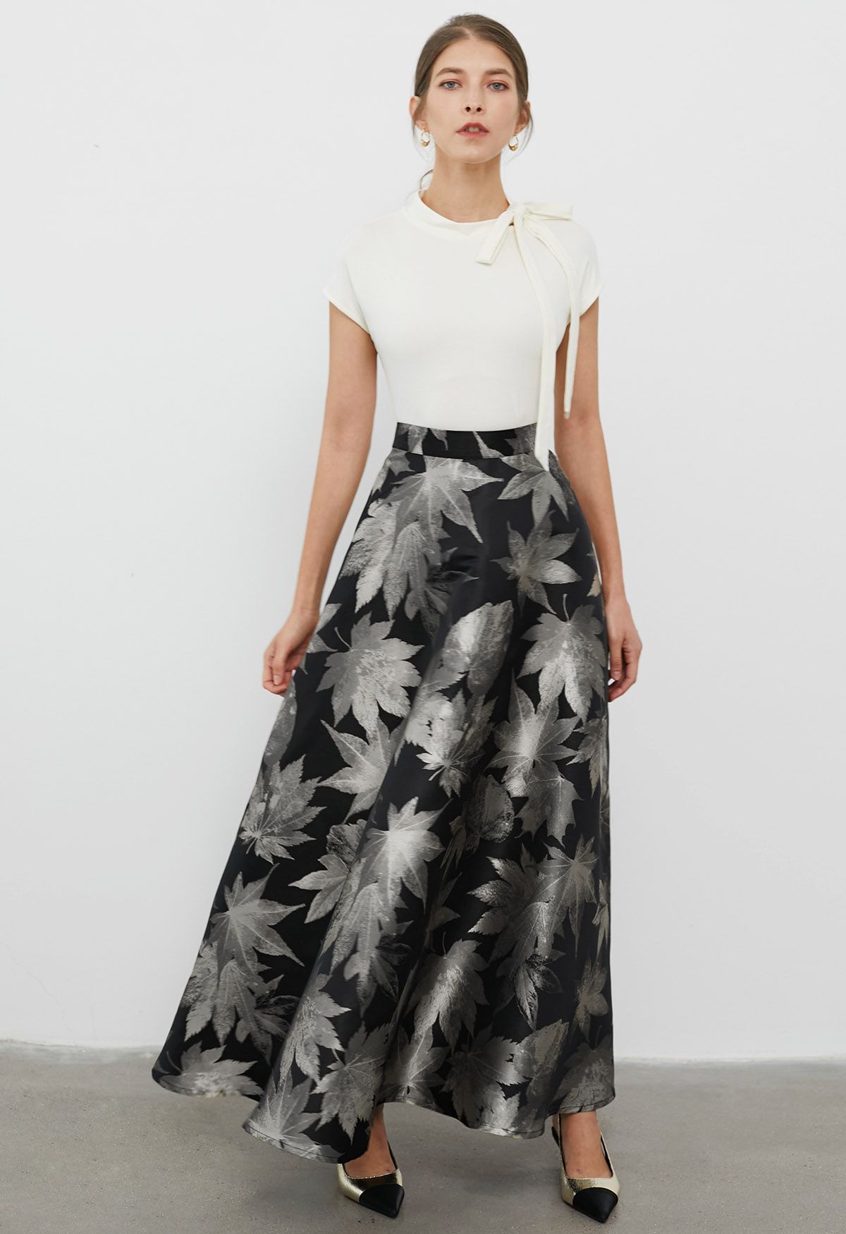 Opulent Maple Leaf Jacquard Flare Maxi Skirt