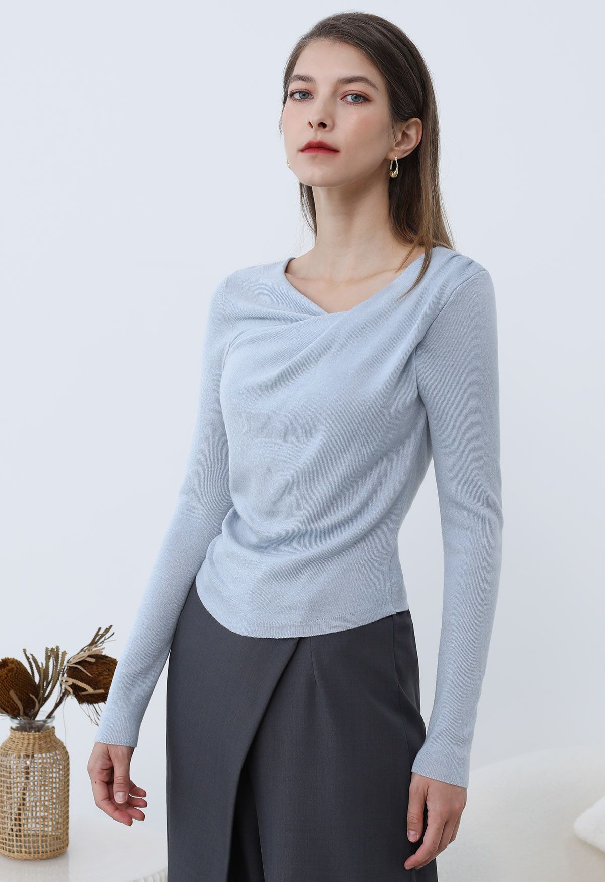 Gentle Crossover Long-Sleeve Knit Top in Blue