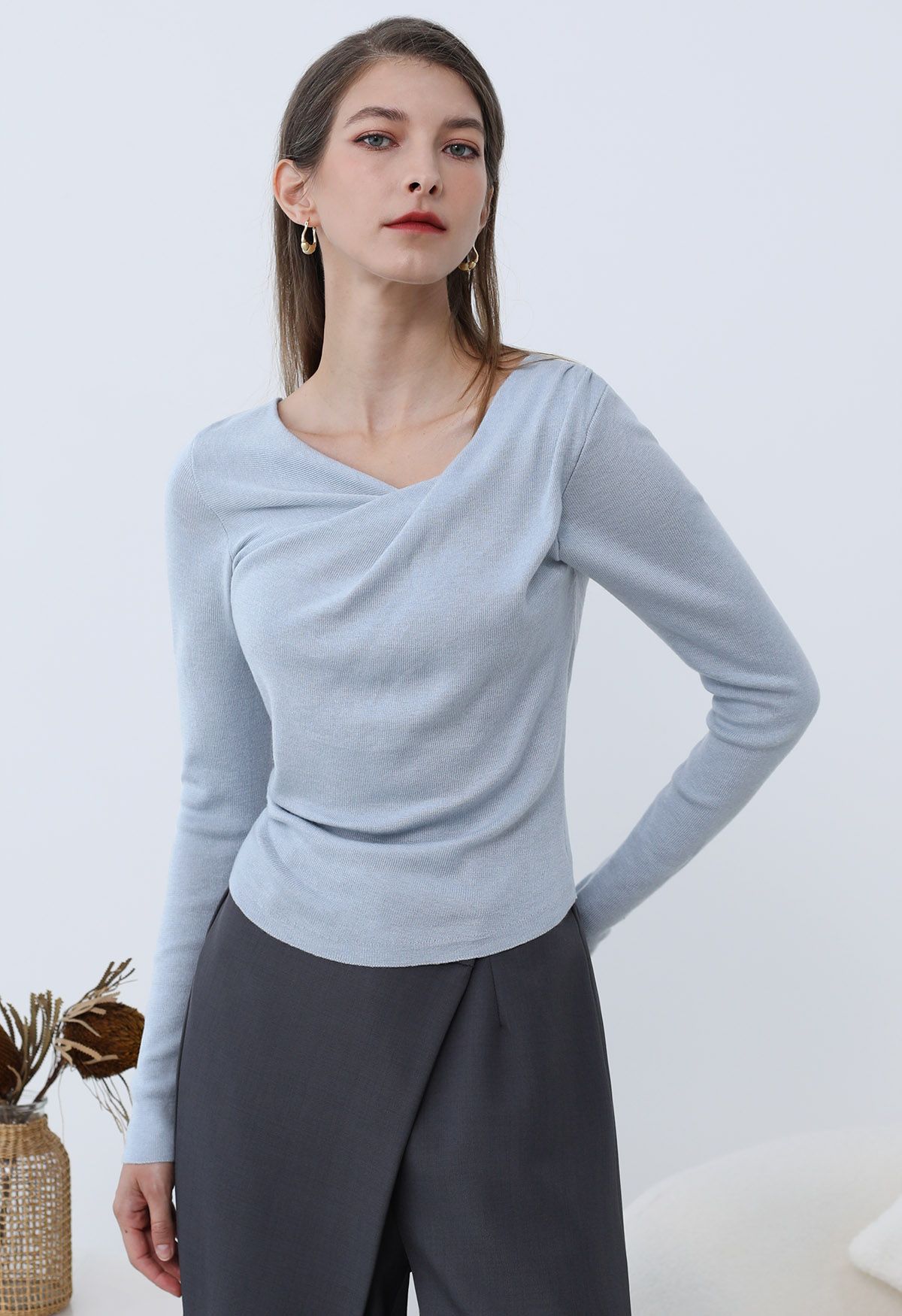 Gentle Crossover Long-Sleeve Knit Top in Blue