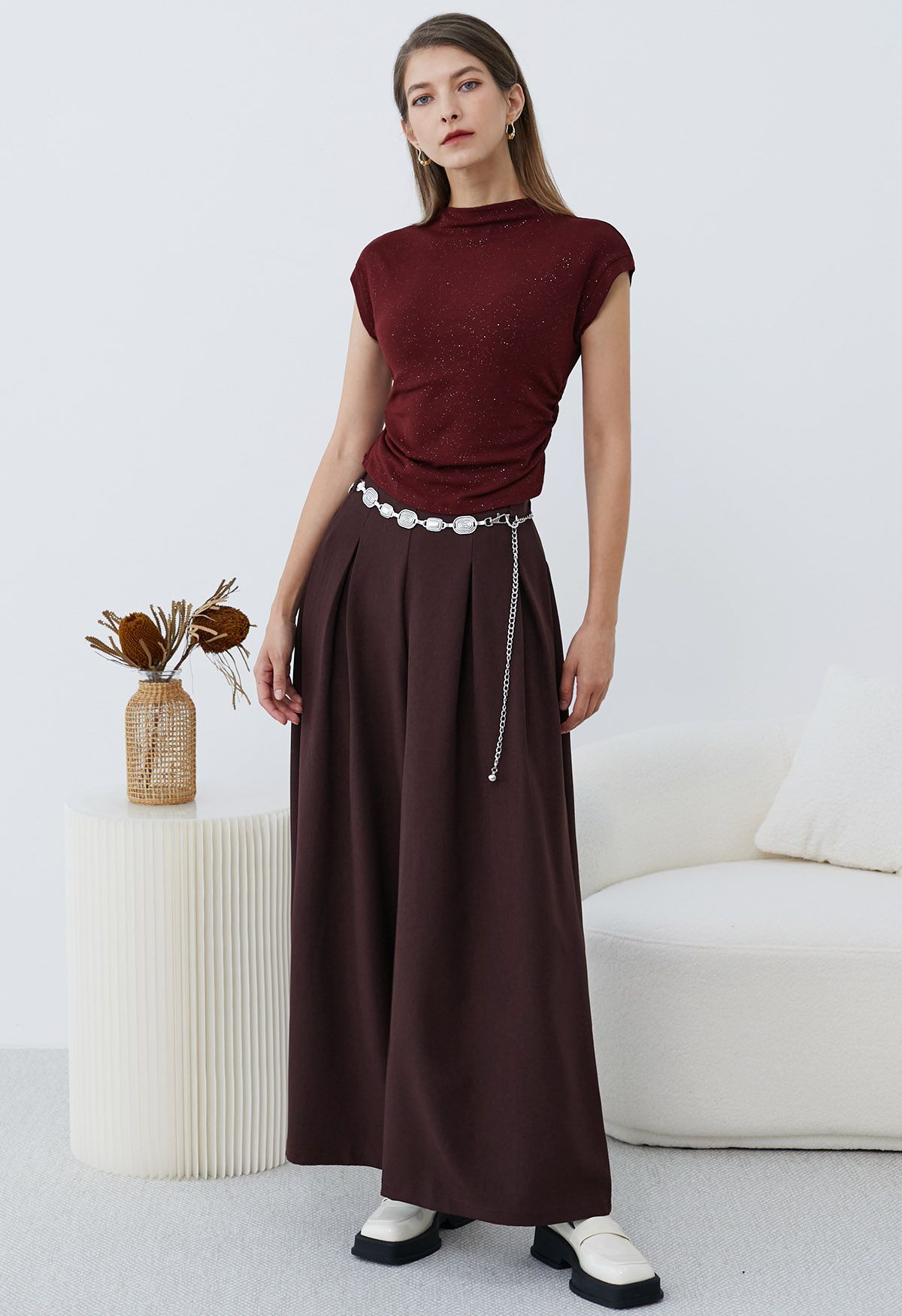 Chain-Embellished Pleated Palazzo Pants in Burgundy