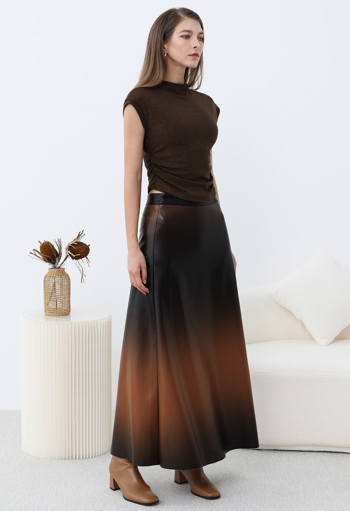 Ombre Faux Leather Maxi Skirt in Brown