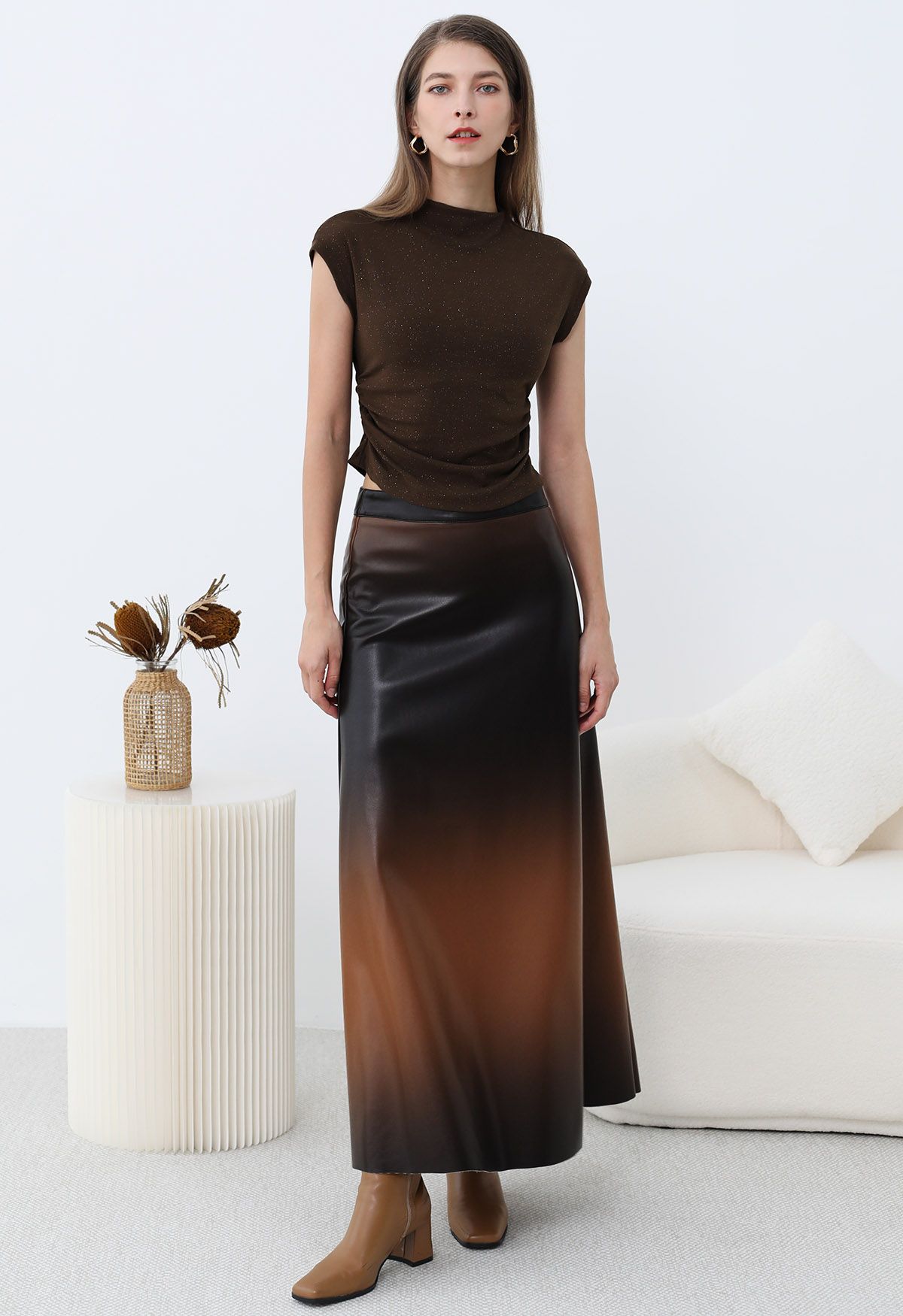 Shimmering Ruched Waist Cap Sleeves Top in Brown