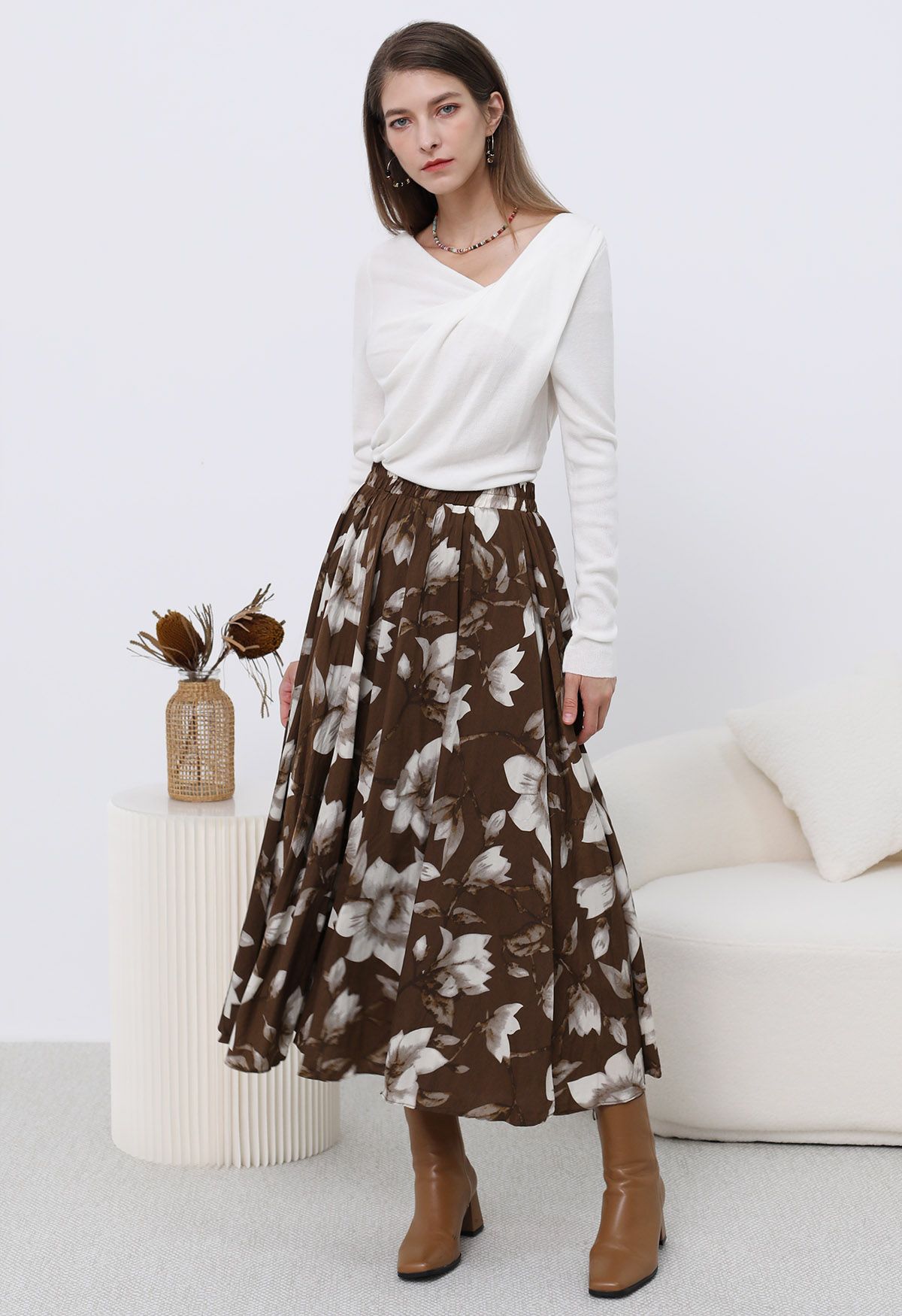 Magnolia Drift Pleated Midi Skirt 