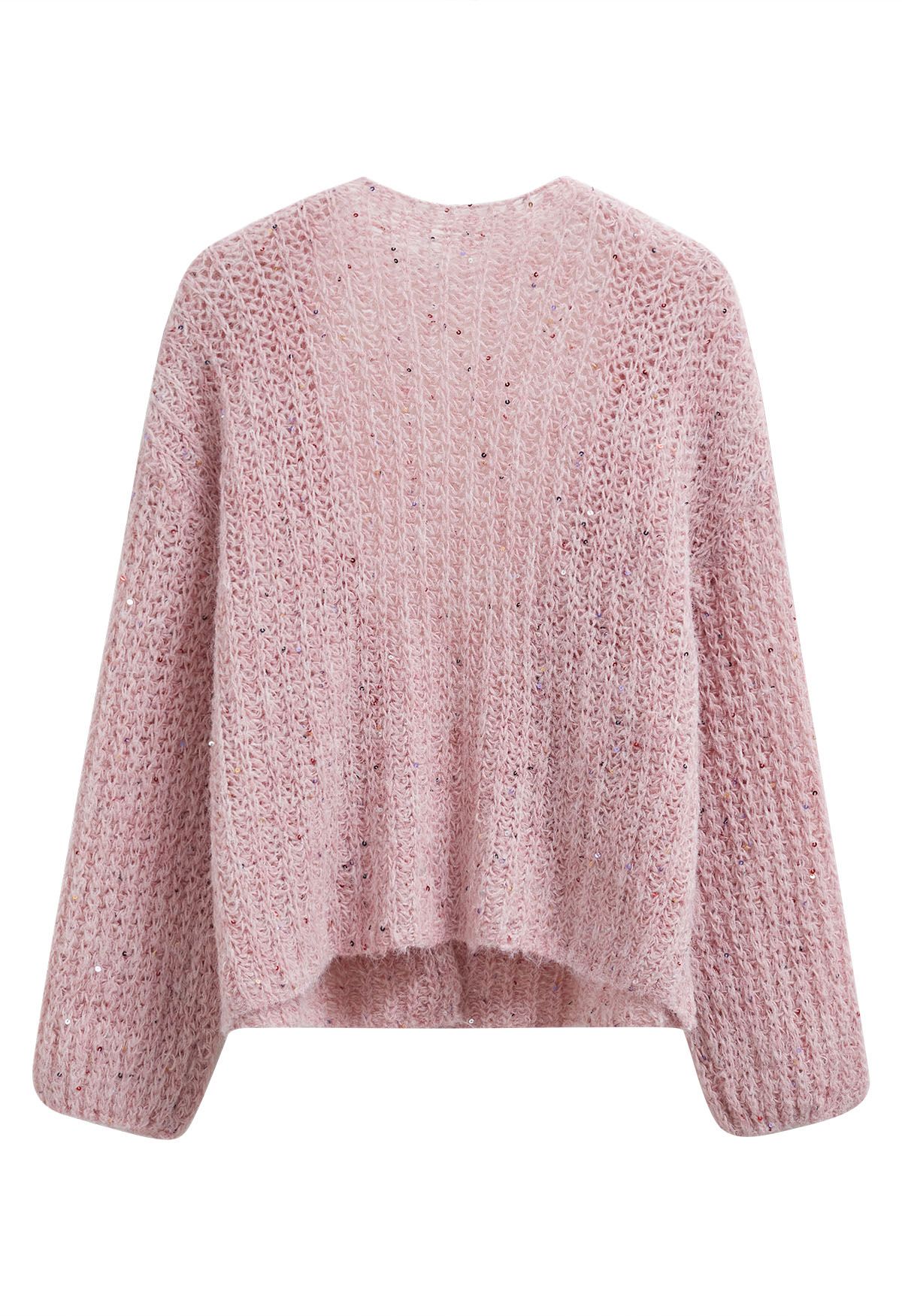 Colorful Sequin Open Front Cozy Knit Cardigan in Pink