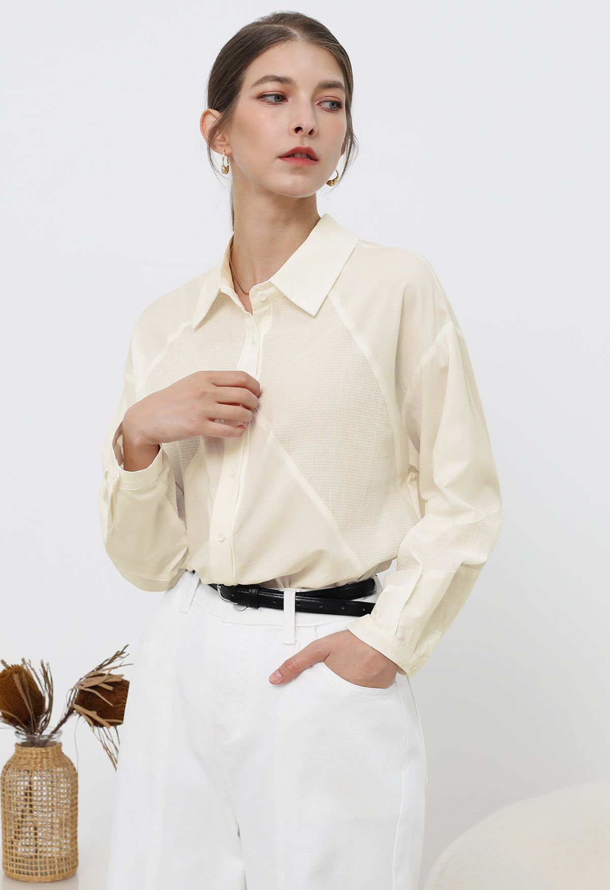 Geometric Panelled Cotton Button-Down Shirt in Cream