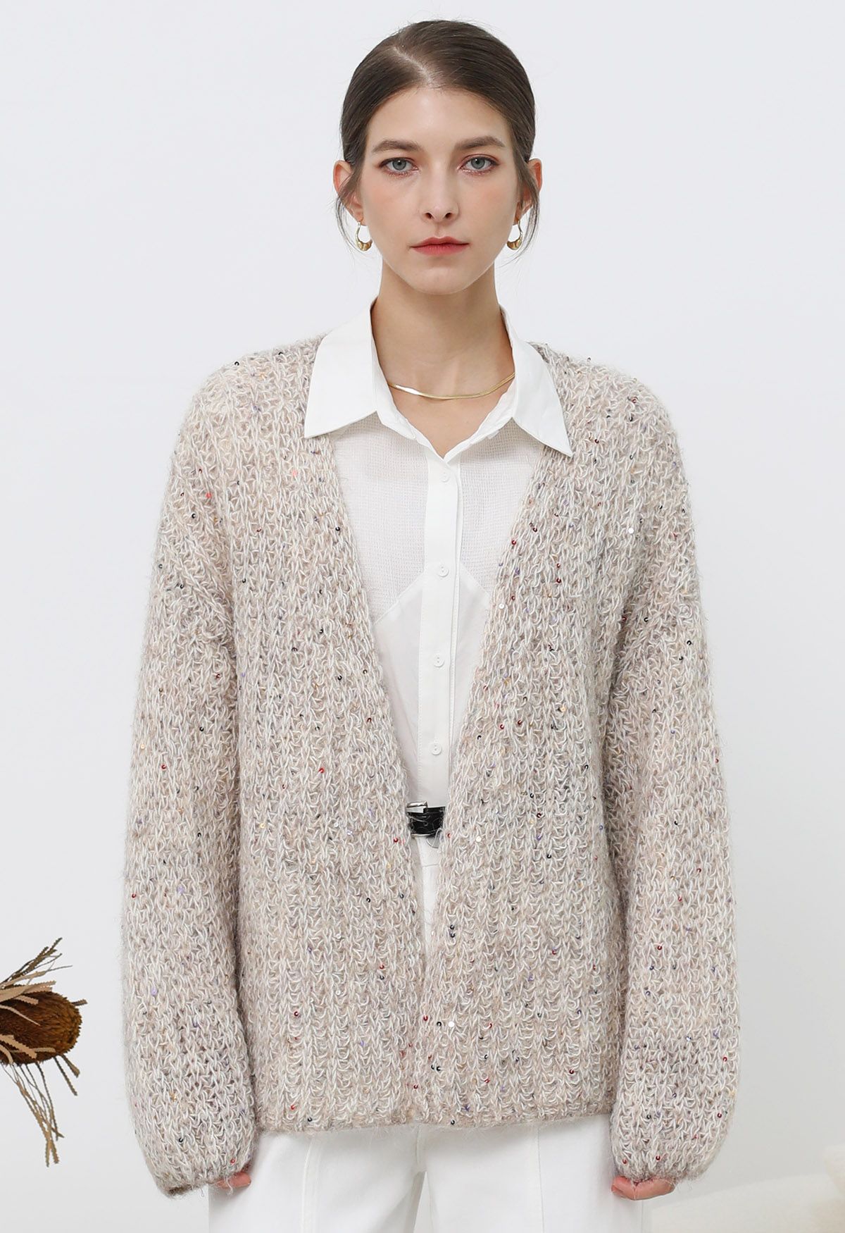 Colorful Sequin Open Front Cozy Knit Cardigan in Oatmeal