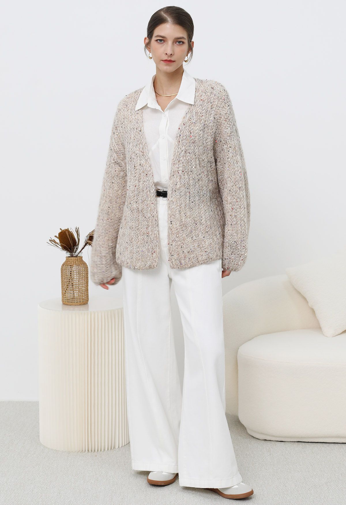 Colorful Sequin Open Front Cozy Knit Cardigan in Oatmeal