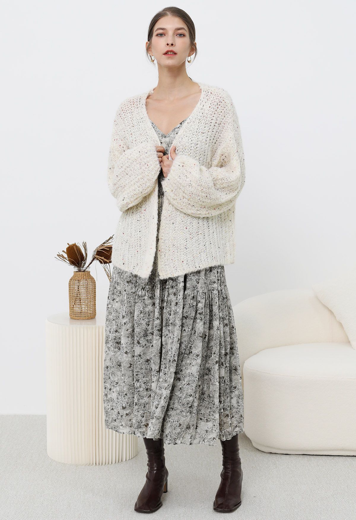 Colorful Sequin Open Front Cozy Knit Cardigan in Cream