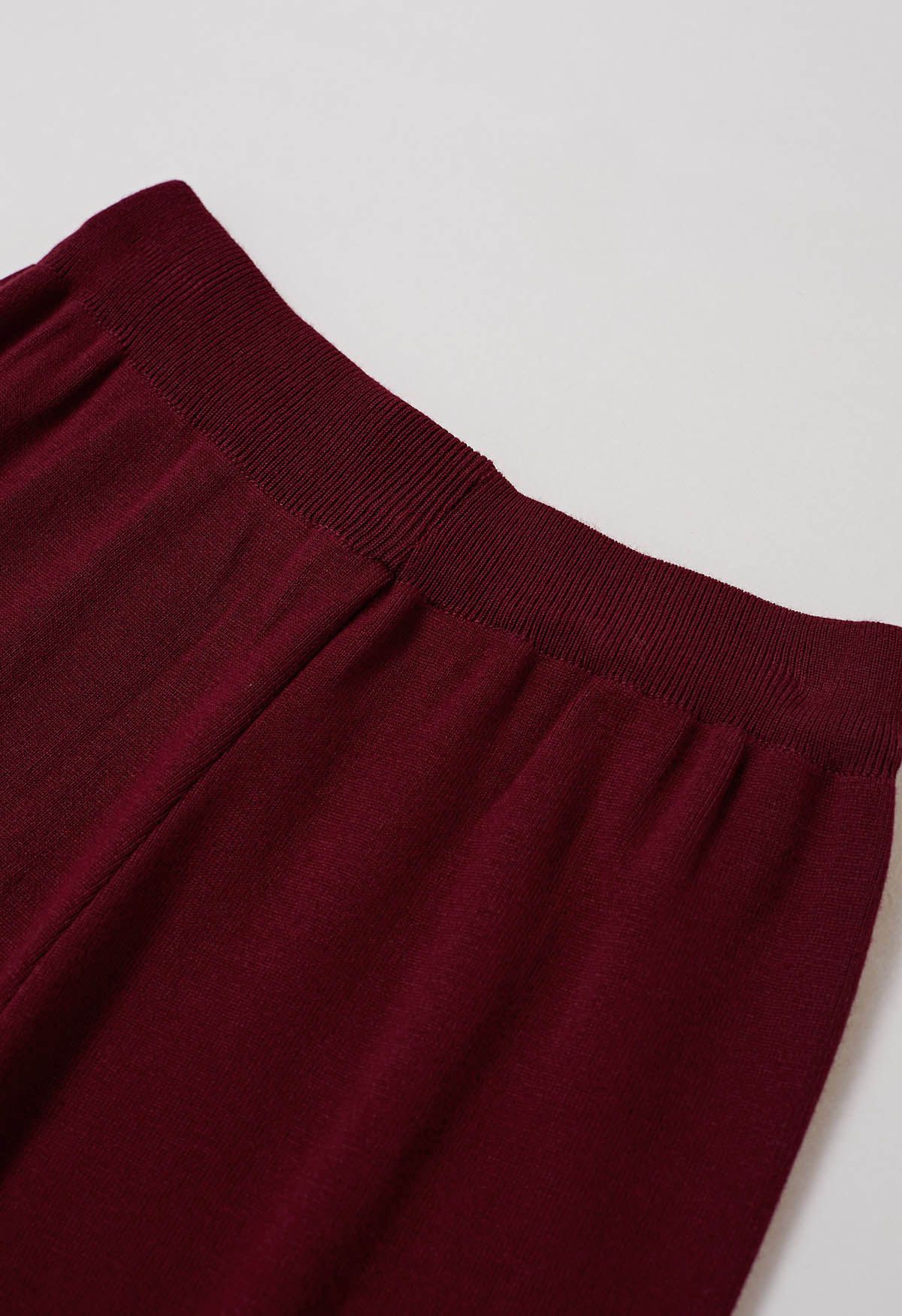 Contrast Detail Knit Poncho and Pants Set in Burgundy