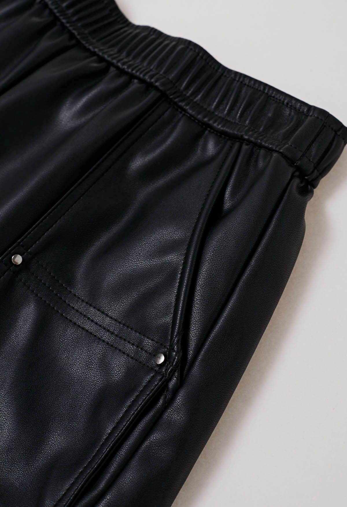 Patch Side Pocket Faux Leather Utility Shorts in Black