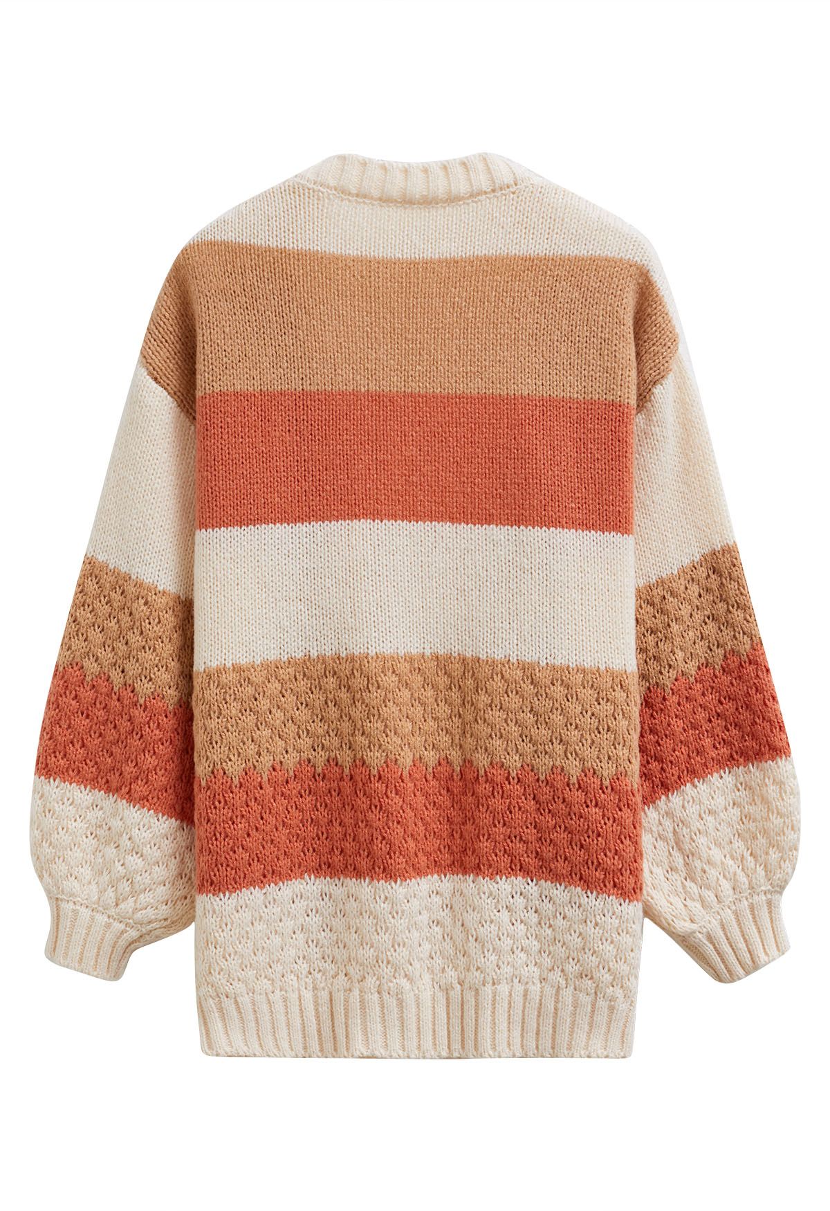 Warm Hues Color Block Puff Sleeve Knit Cardigan