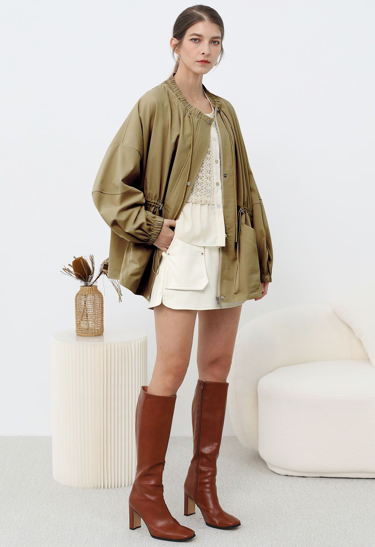 Laid-Back Side Pocket Drawstring Parka in Khaki