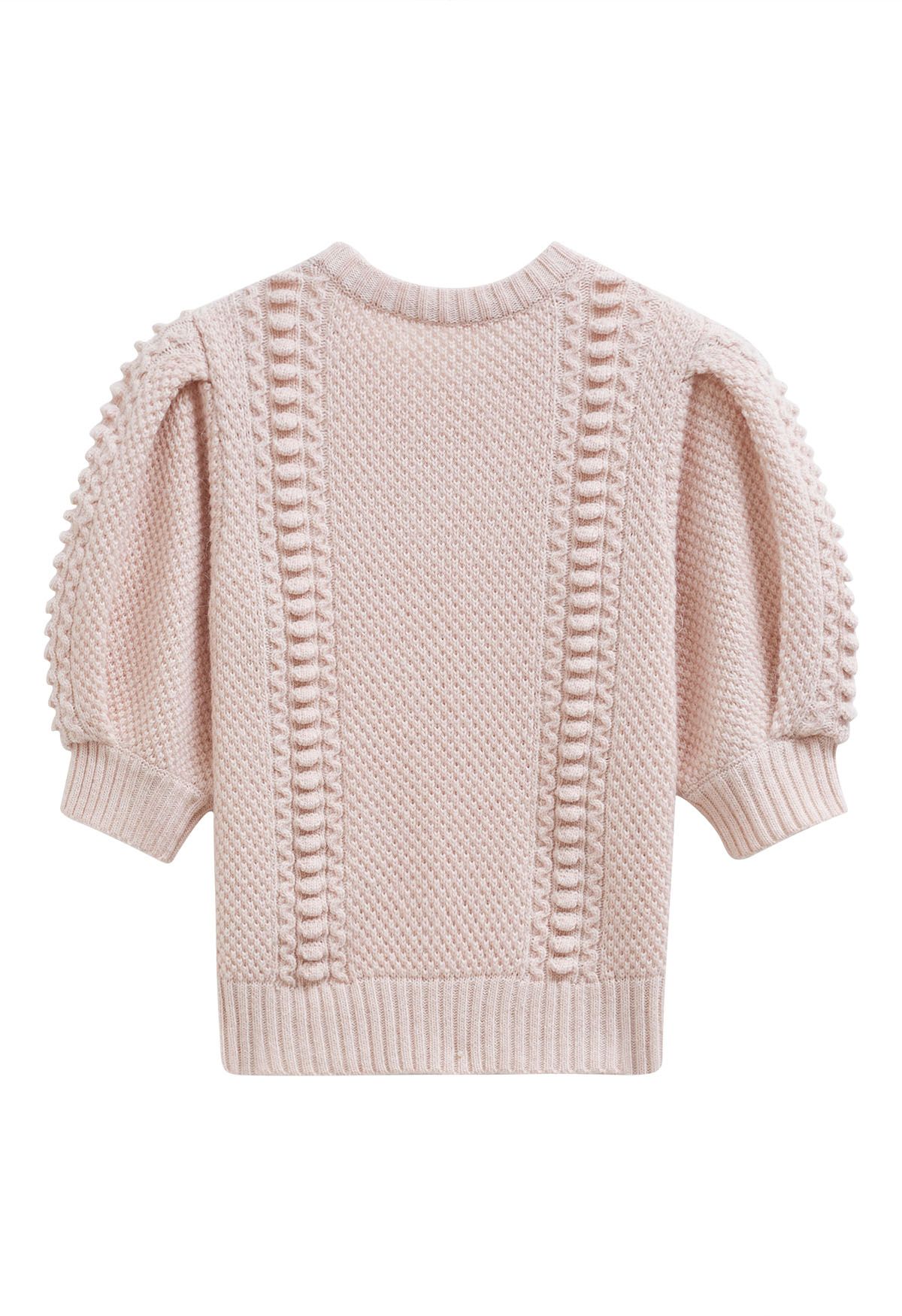 Embossed Texture Puff Sleeve Knit Sweater in Pink