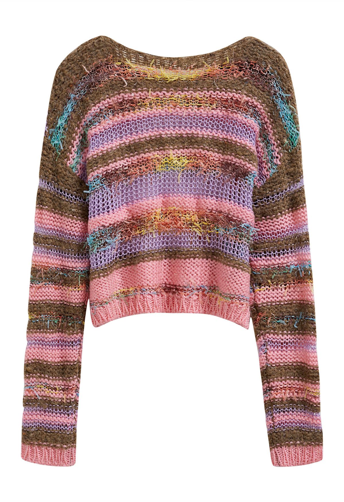 Multicolored Stripe Pointelle Fringed Knit Sweater in Pink