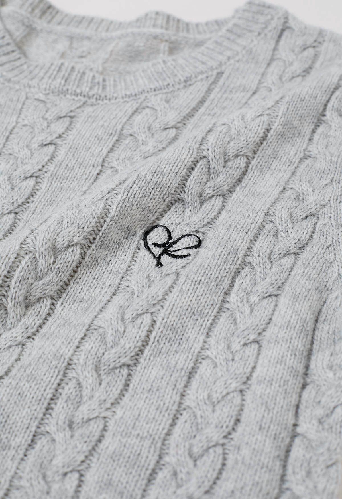 Embroidered Heart Braided Short-Sleeve Sweater in Grey